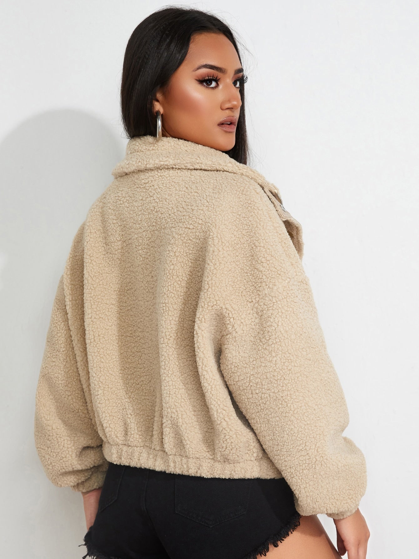 Drop Shoulder Zip Front Teddy Jacket