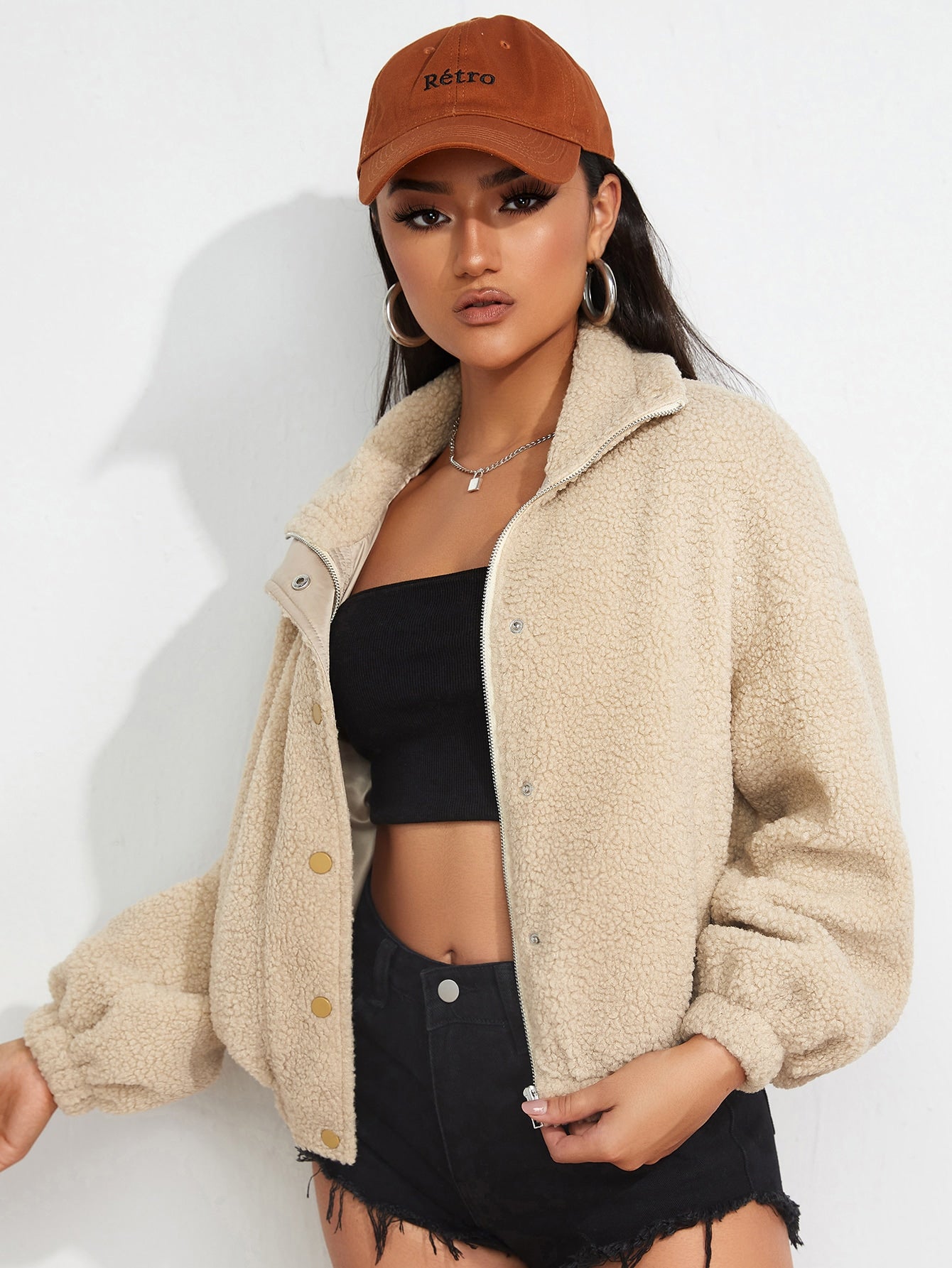 Drop Shoulder Zip Front Teddy Jacket