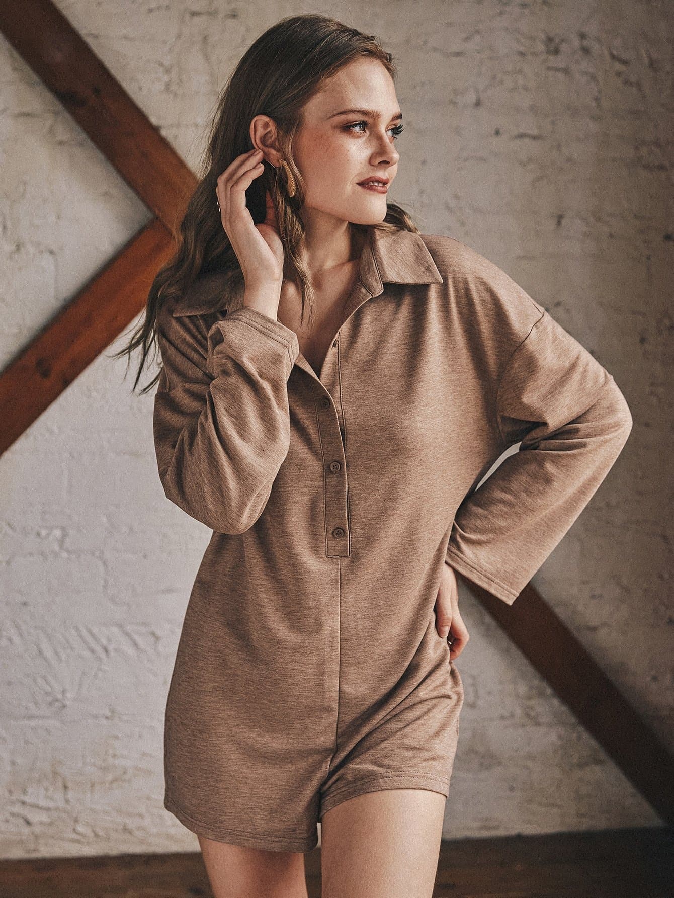 Brown Drop Shoulder Solid Half Button Romper