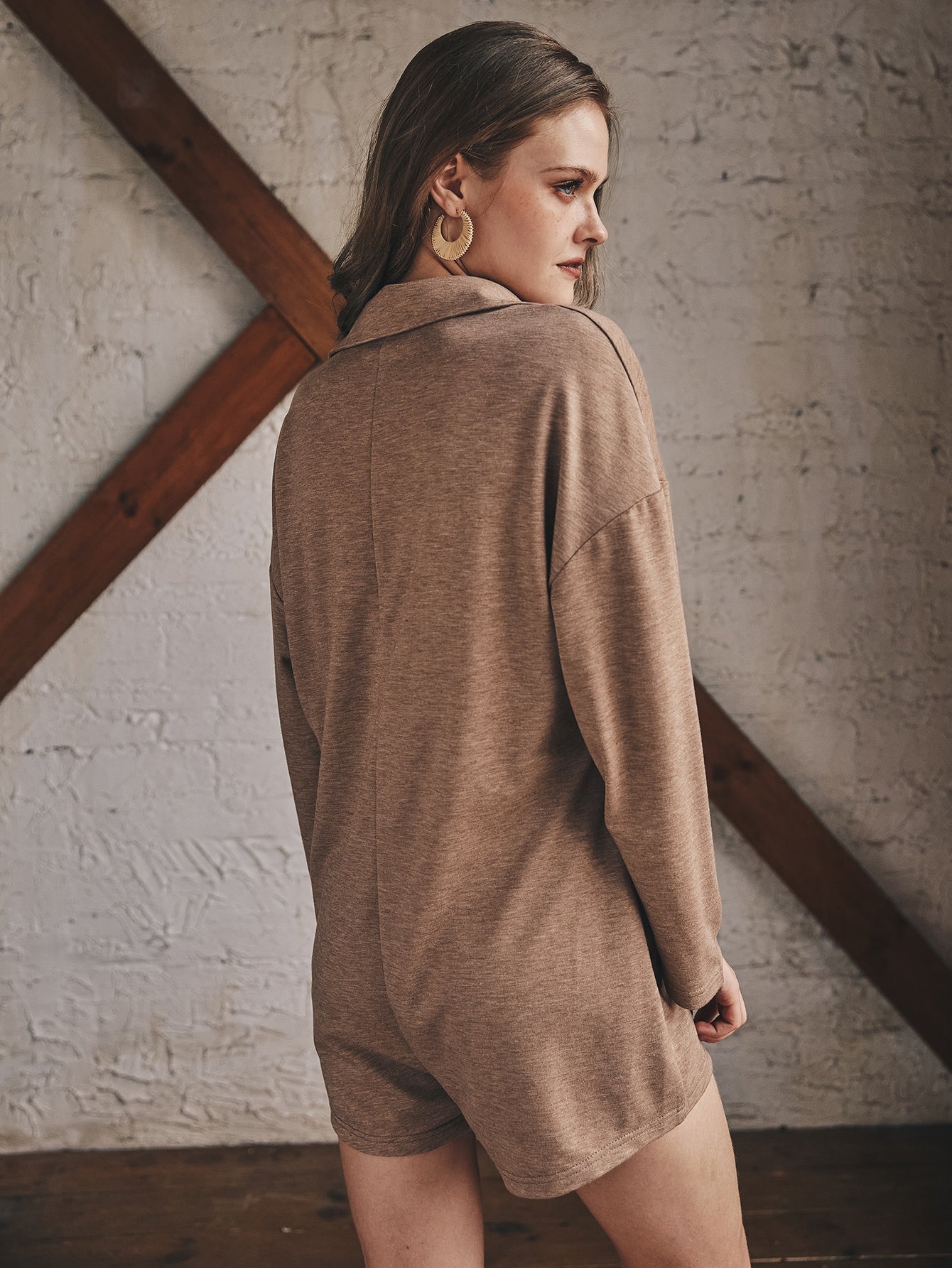 Brown Drop Shoulder Solid Half Button Romper