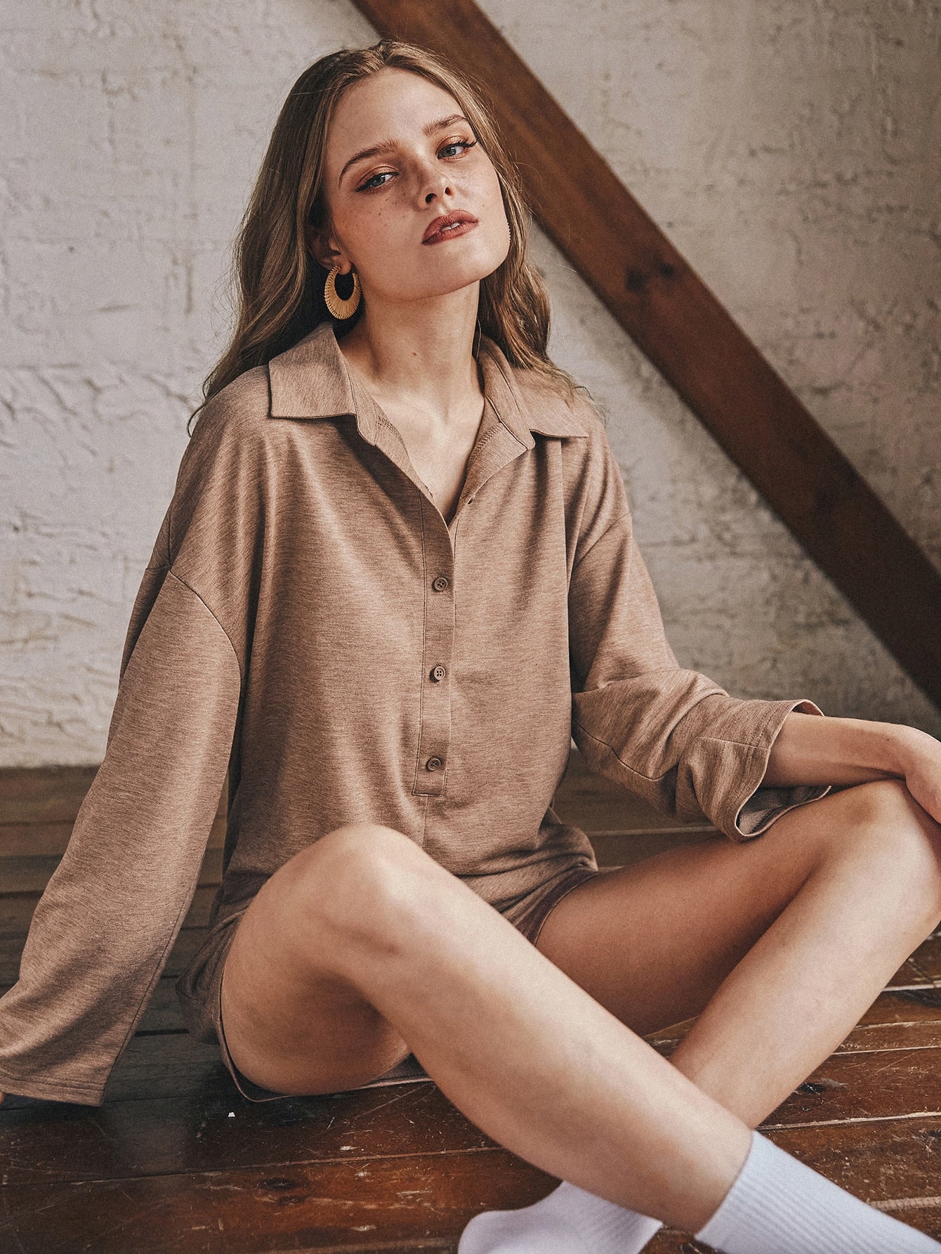 Brown Drop Shoulder Solid Half Button Romper