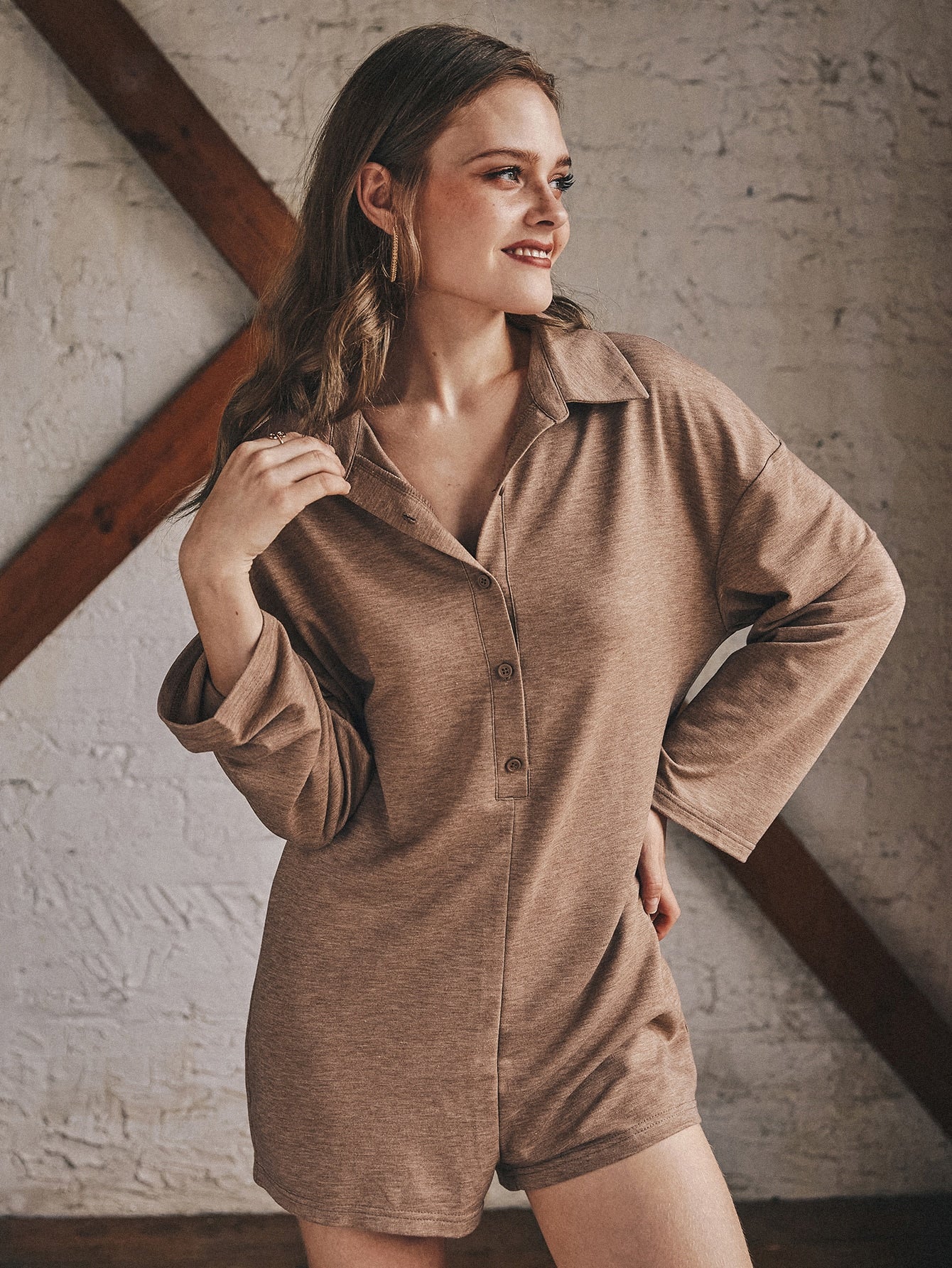 Brown Drop Shoulder Solid Half Button Romper