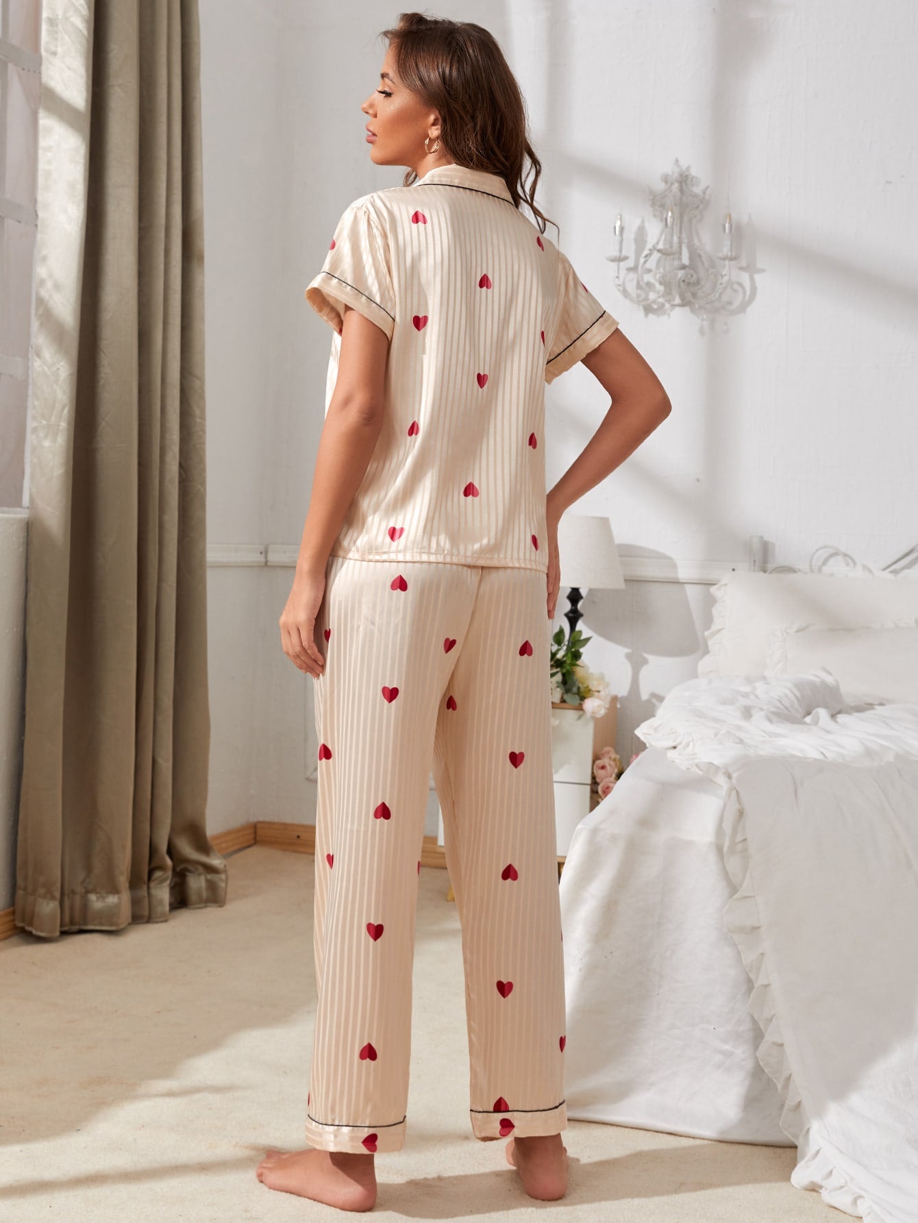 Button Front Heart and Striped Satin Night Pyjama Sleepwear Set