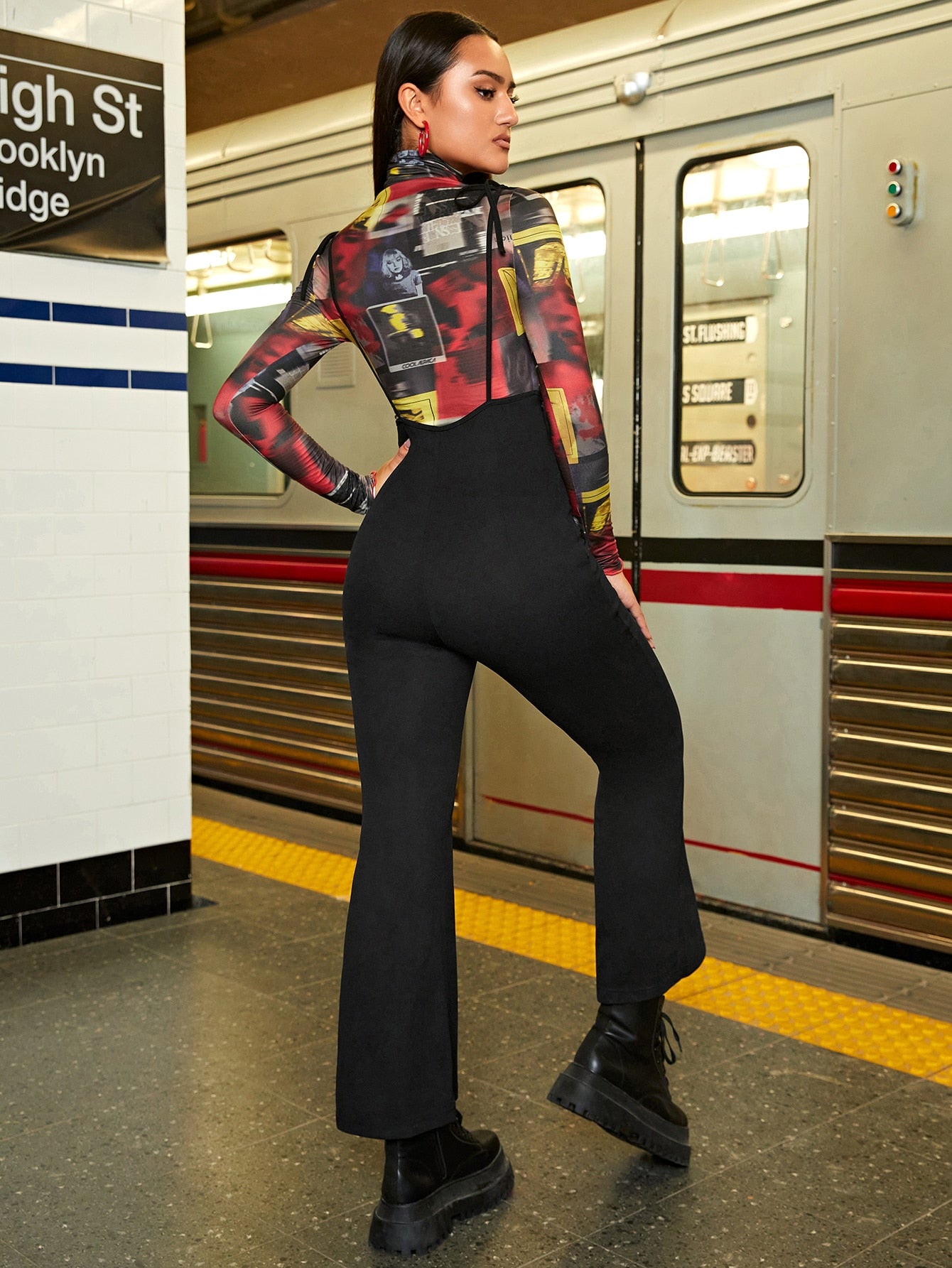 Black Tie Shoulder Flare Leg Jumpsuit Without Top