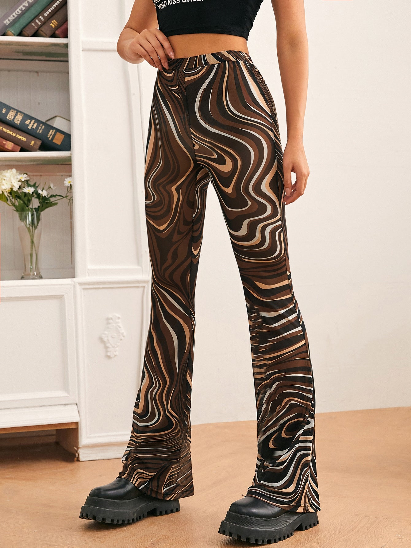 High Elastic Waist Allover Print Mesh Flare Leg Pants