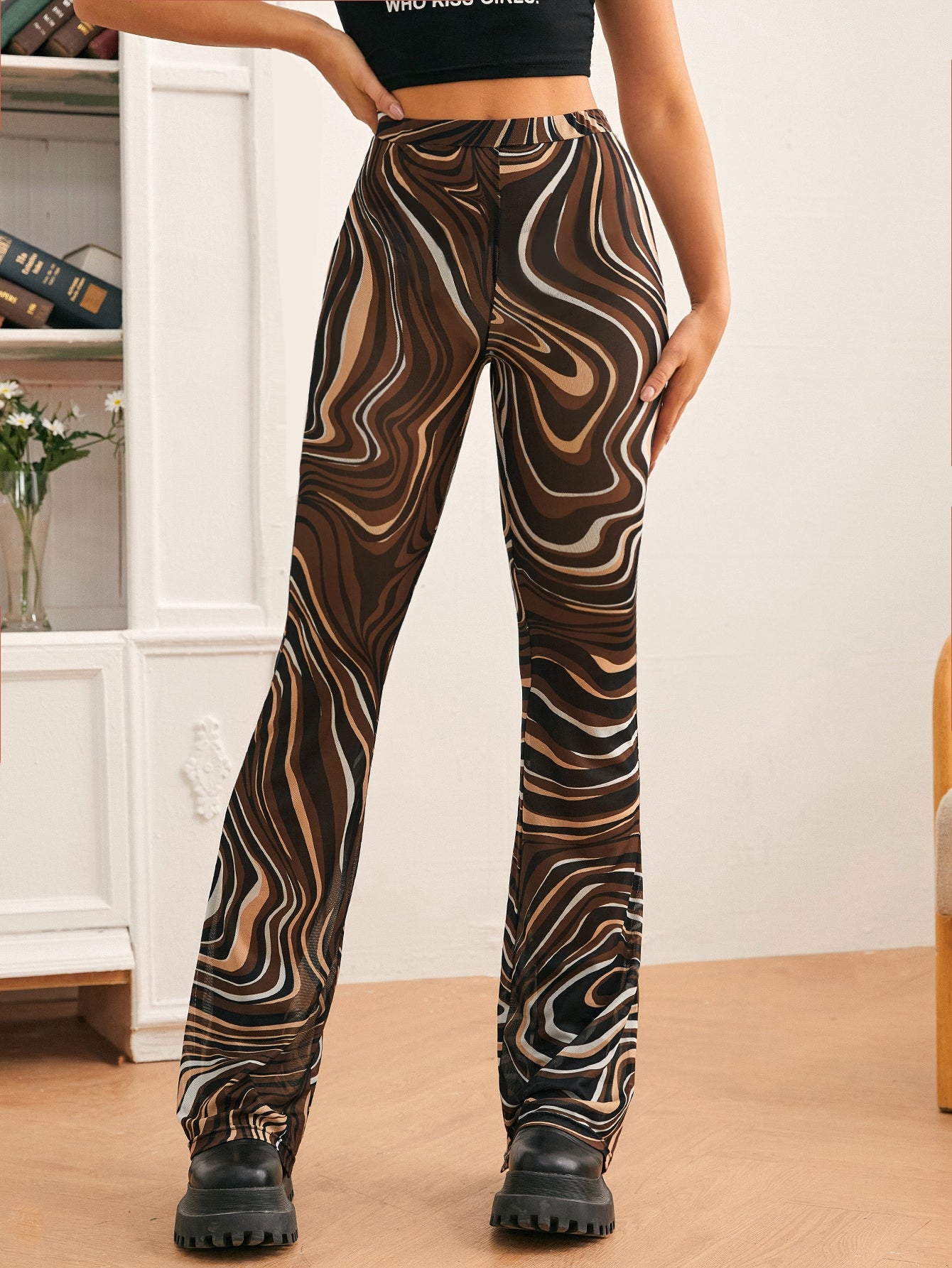 High Elastic Waist Allover Print Mesh Flare Leg Pants