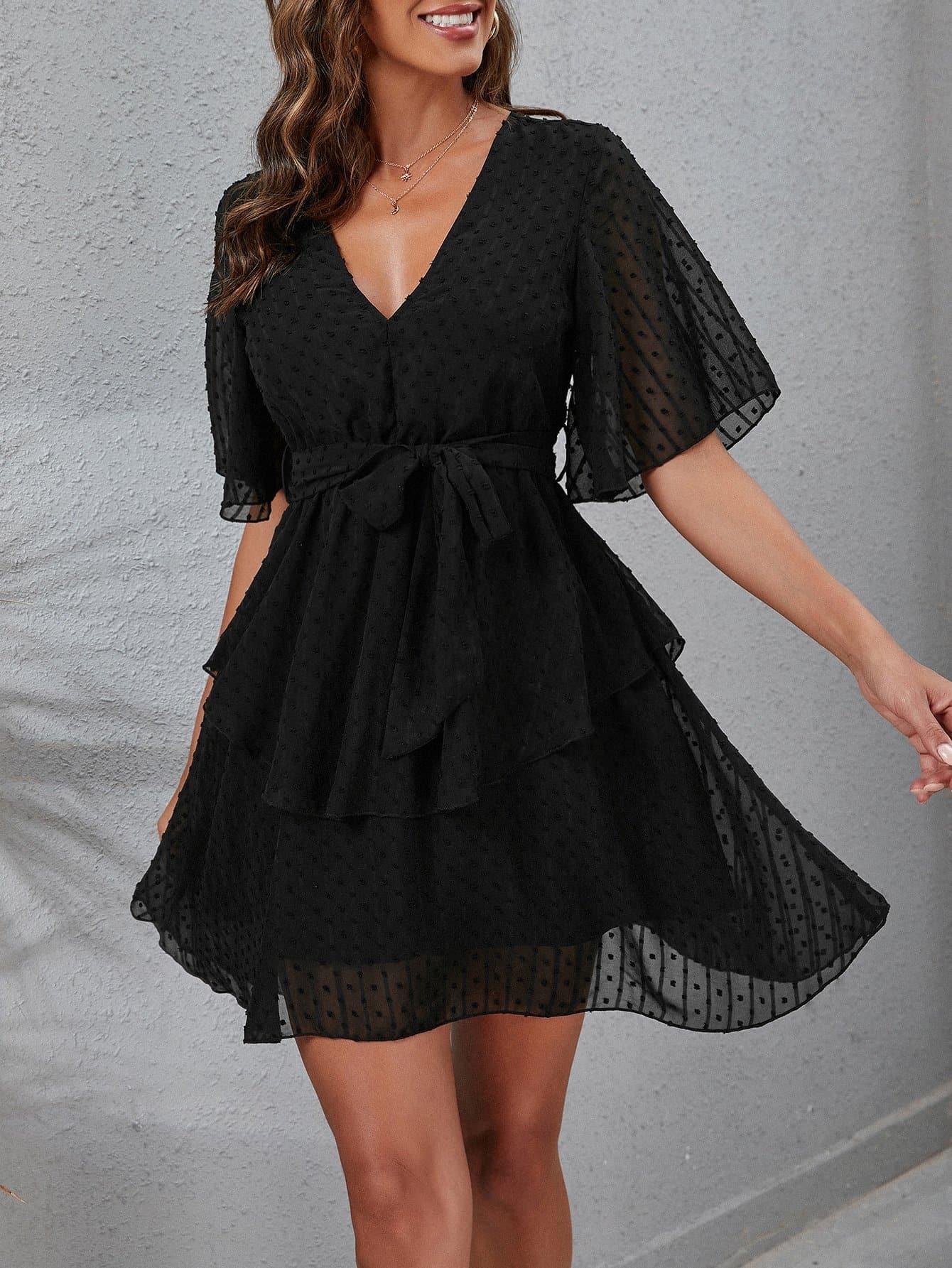 Black V-Neck Swiss Dot Layered Hem Belted Dress