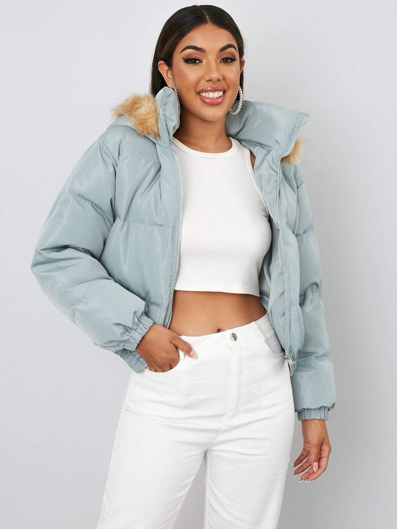 Drop Shoulder Zip Up Hooded Puffer Jacket