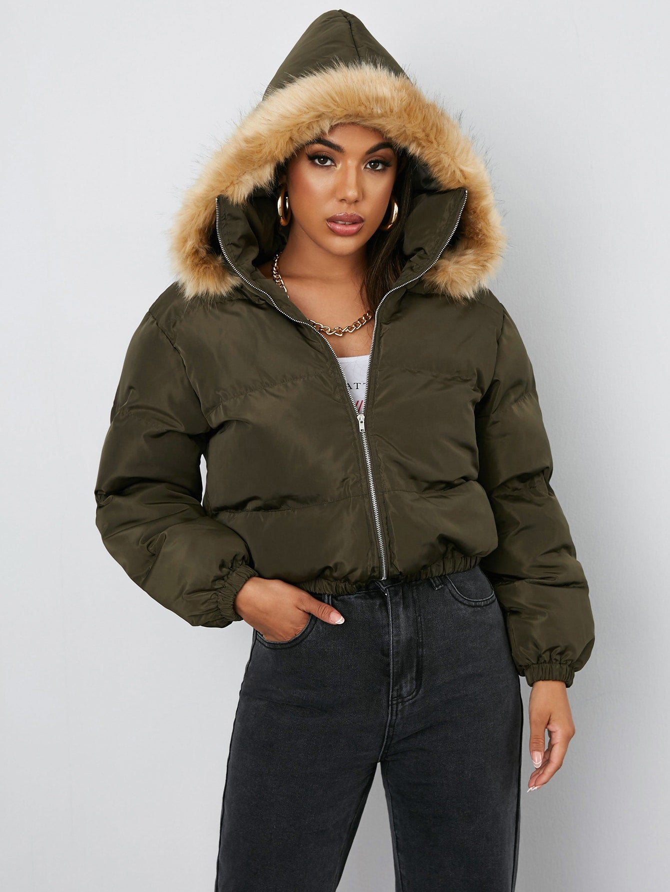 Drop Shoulder Zip Up Hooded Puffer Jacket