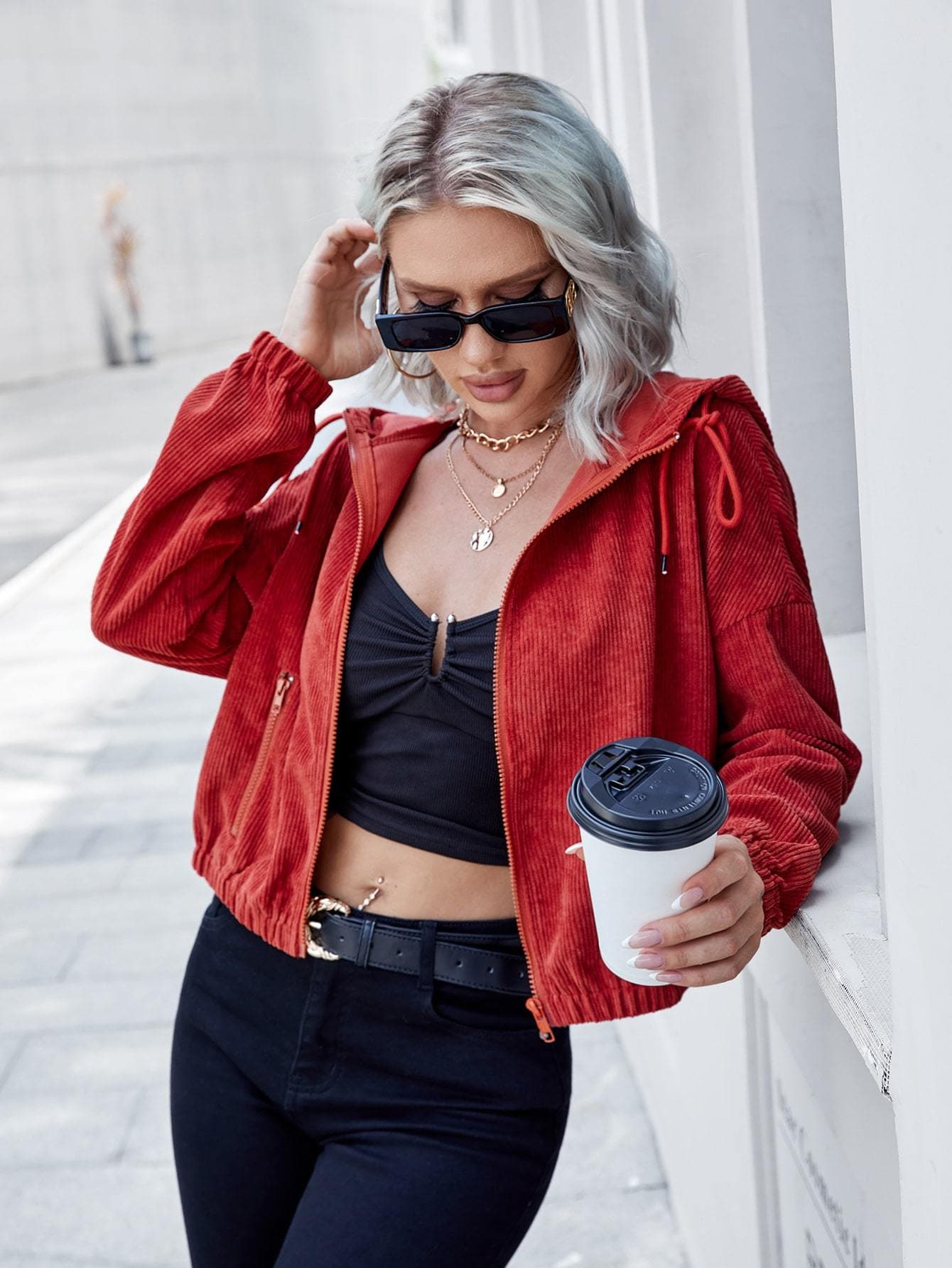 Burgundy Solid Zip Up Drawstring Drop Shoulder Hooded Jacket