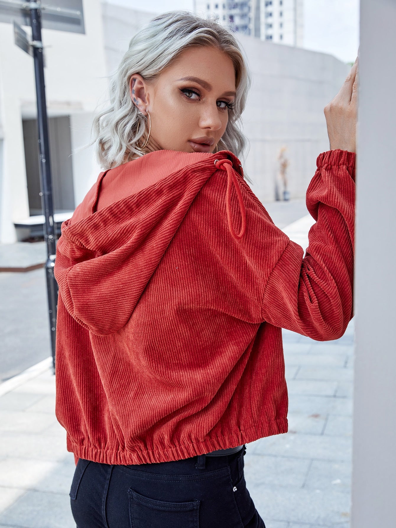 Burgundy Solid Zip Up Drawstring Drop Shoulder Hooded Jacket