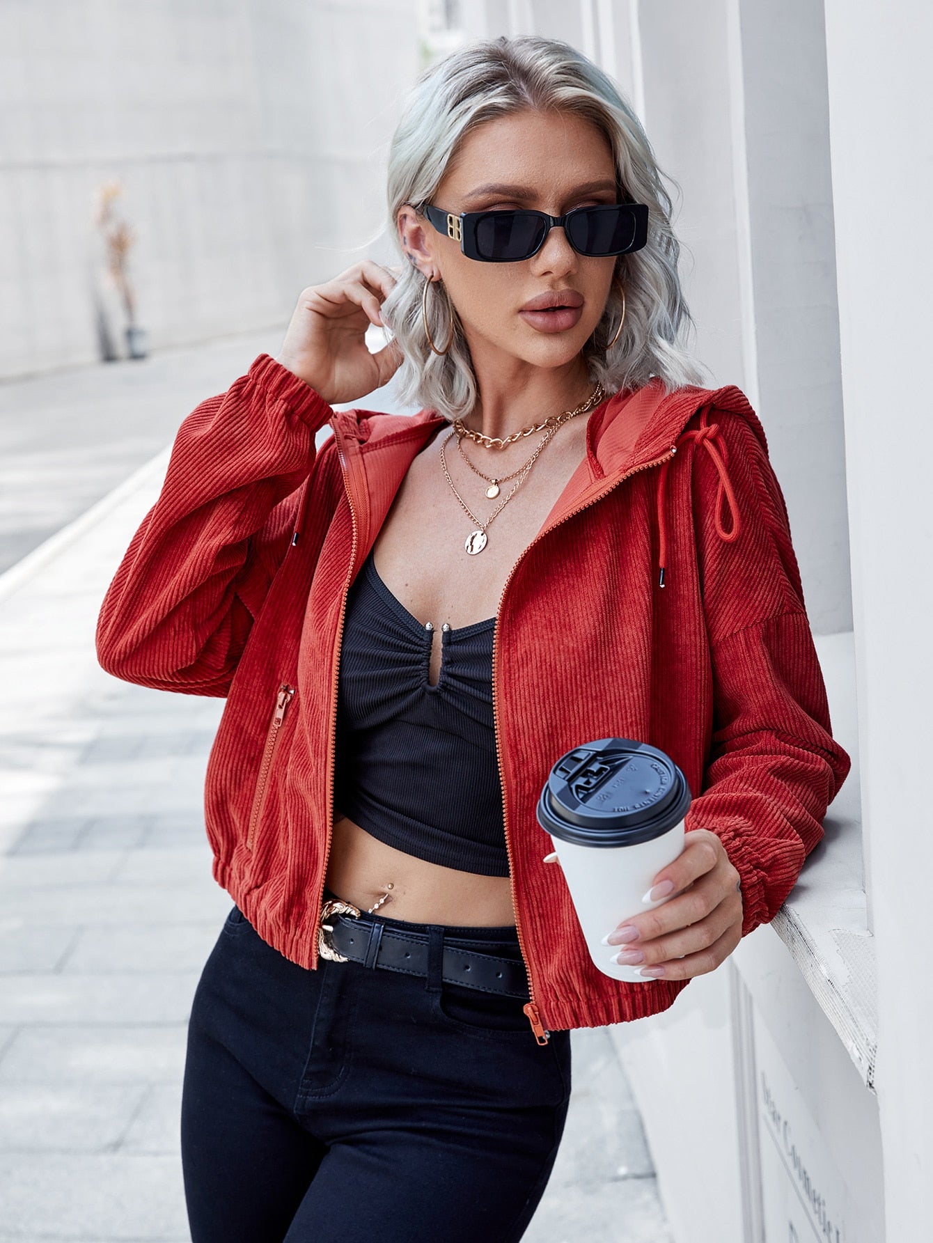Burgundy Solid Zip Up Drawstring Drop Shoulder Hooded Jacket