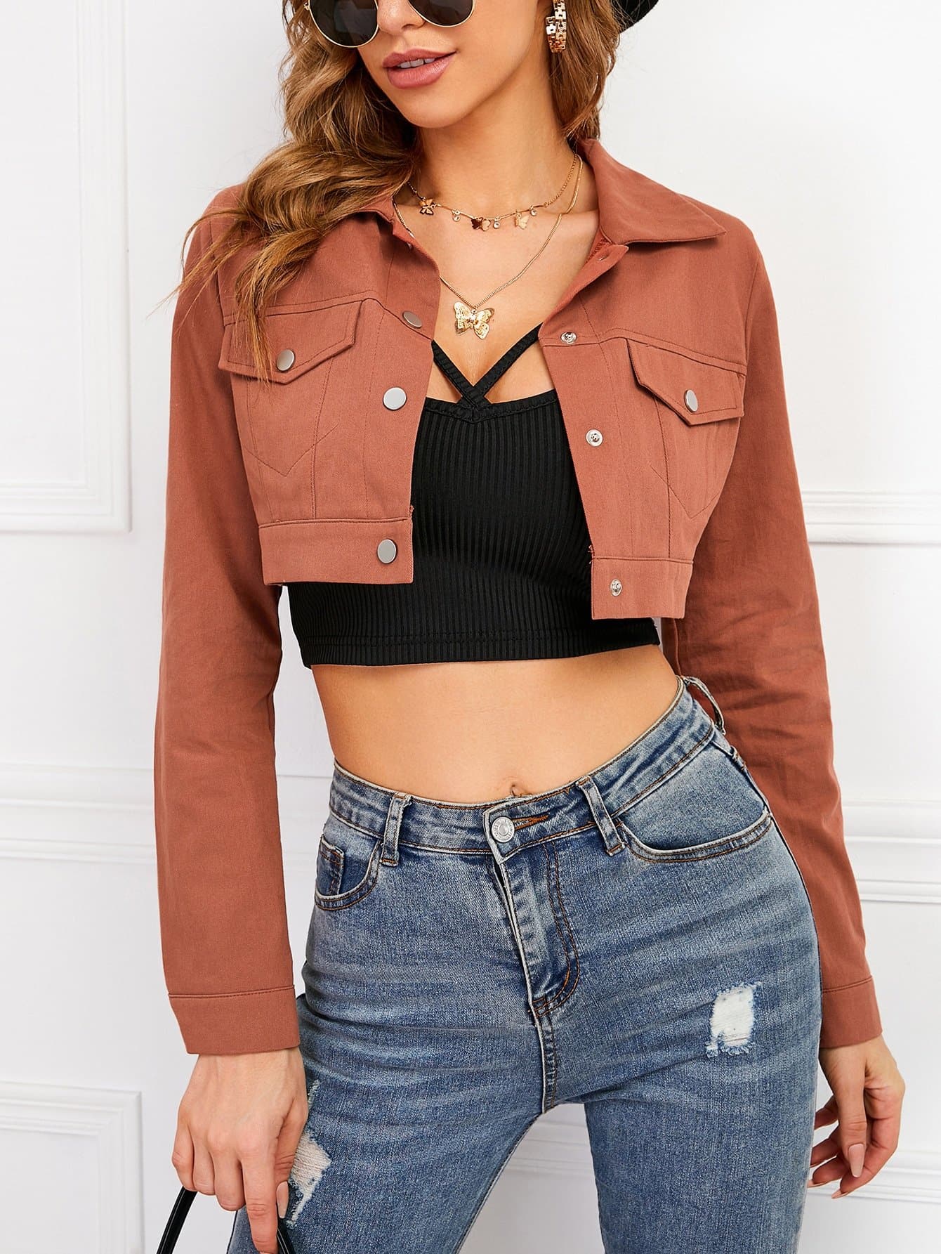 Brown Button Front False Pocket Crop Solid Jacket
