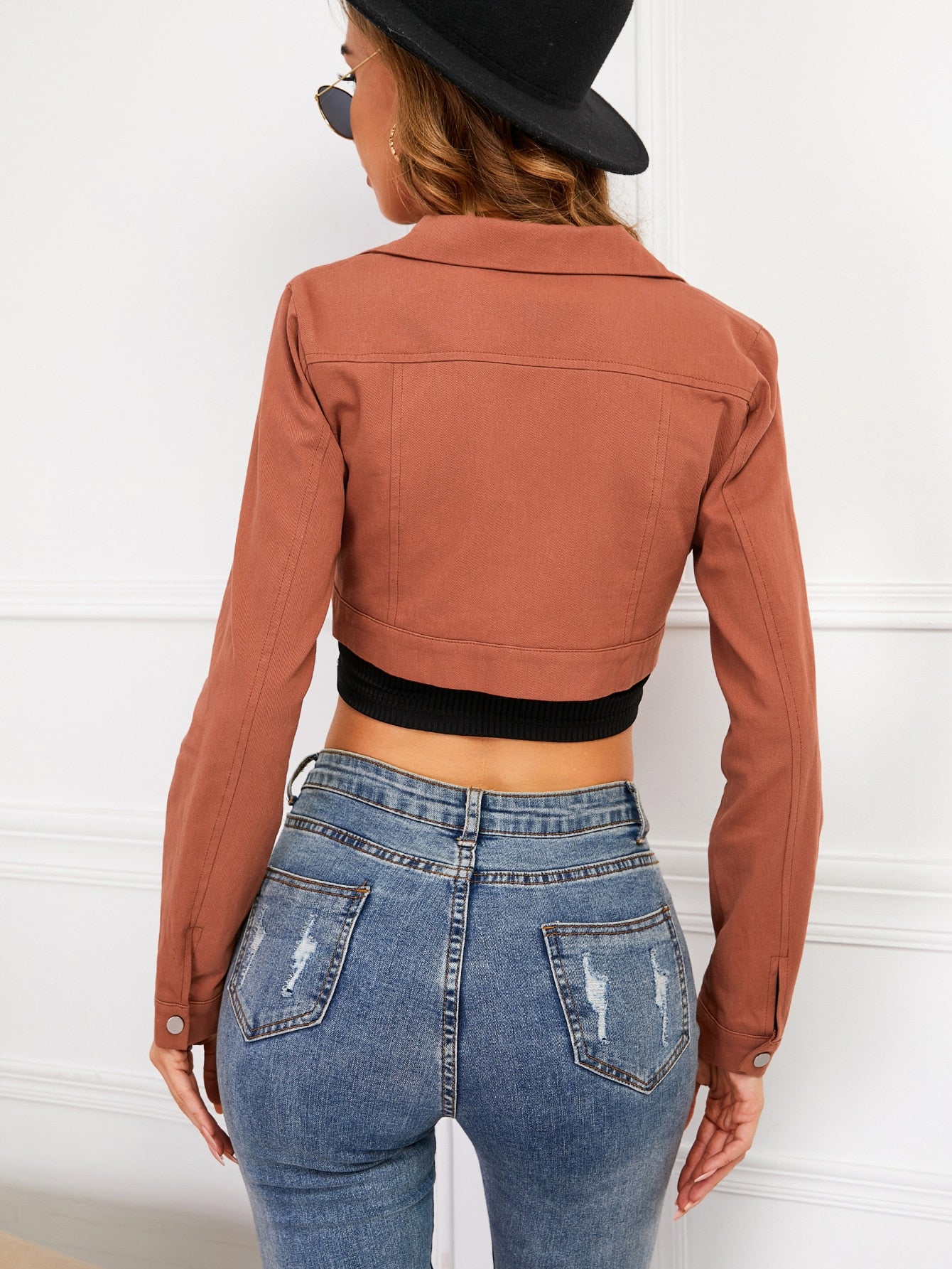Brown Button Front False Pocket Crop Solid Jacket