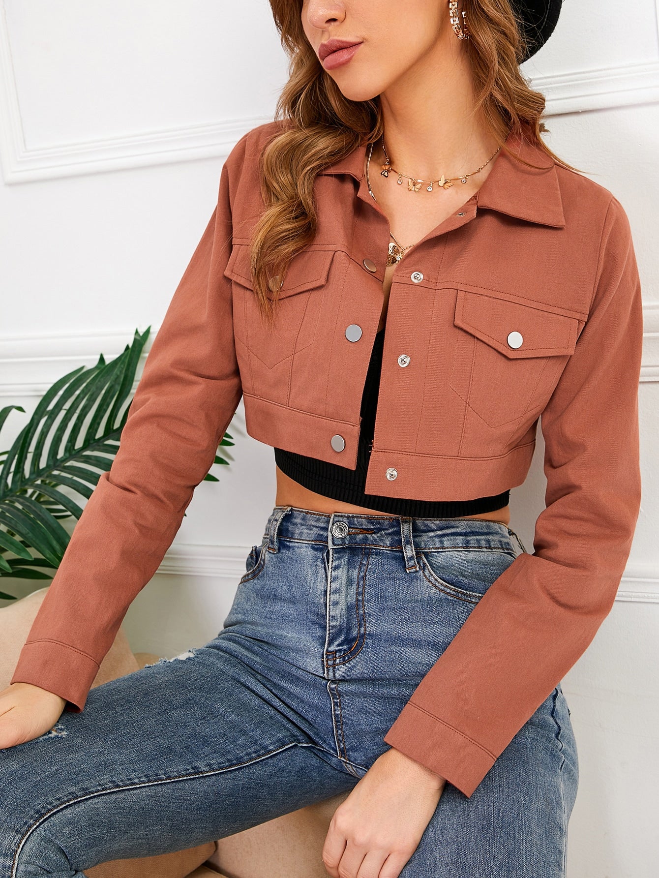 Brown Button Front False Pocket Crop Solid Jacket
