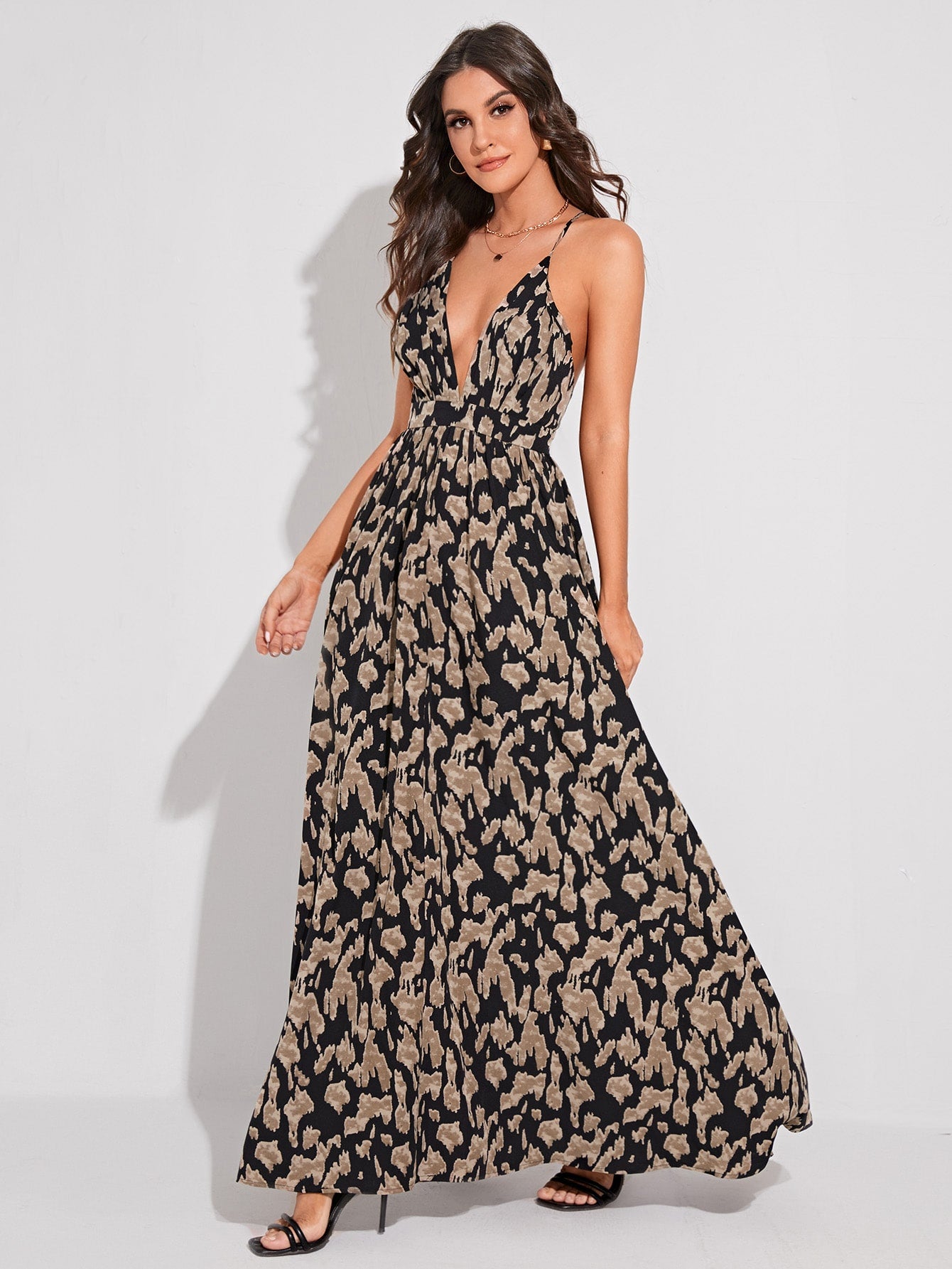 Spaghetti Strap Sleeveless Allover Print Criss Cross Backless Cami Dress