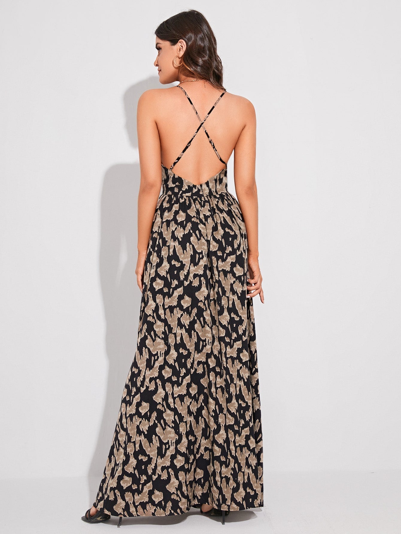 Spaghetti Strap Sleeveless Allover Print Criss Cross Backless Cami Dress