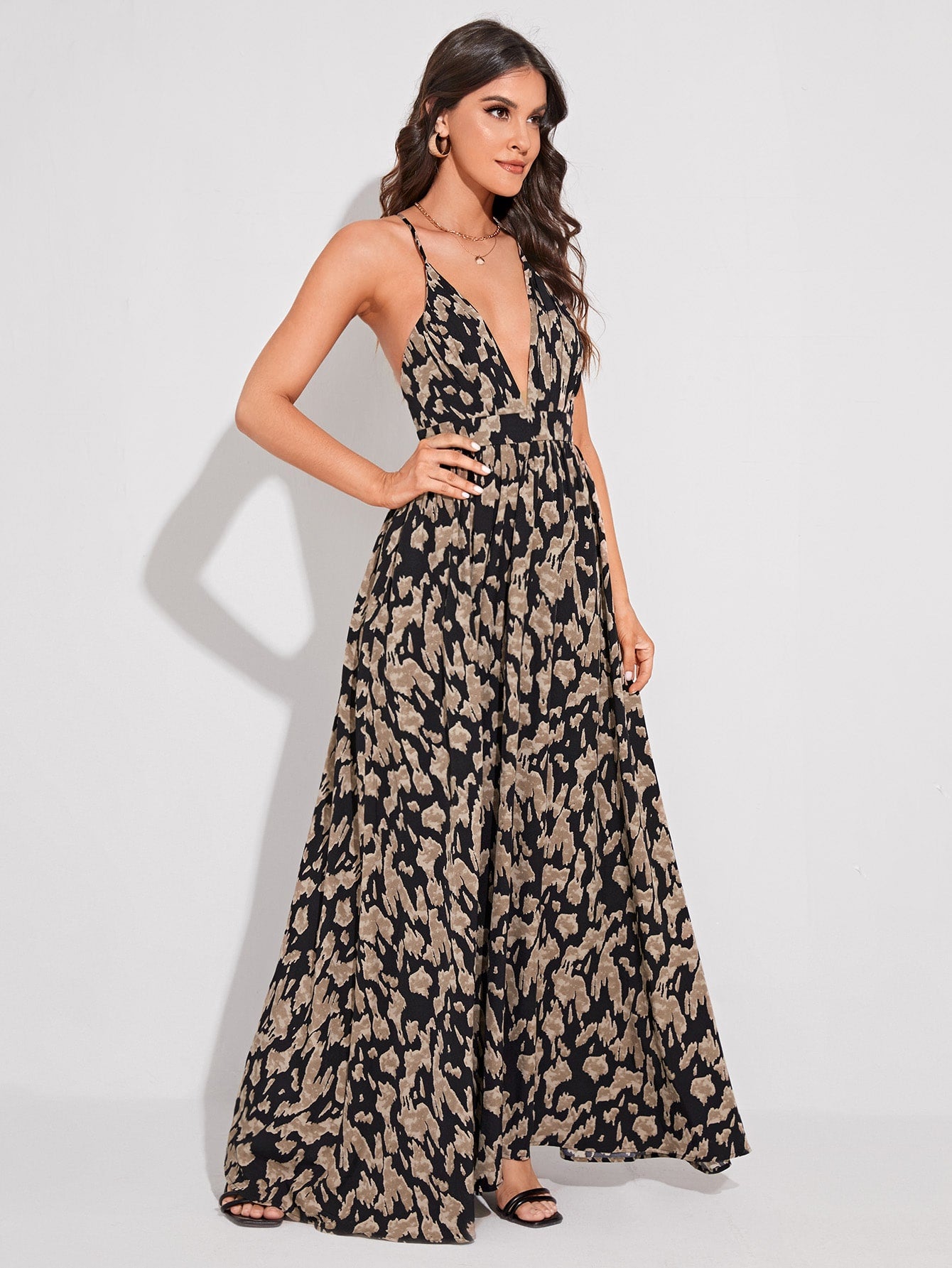 Spaghetti Strap Sleeveless Allover Print Criss Cross Backless Cami Dress