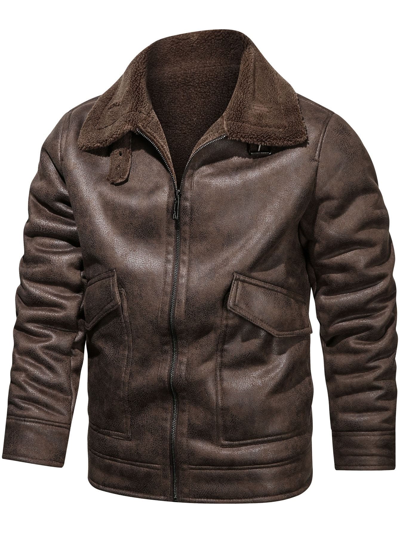 Brown Teddy Lined Zip Up Suede Coat