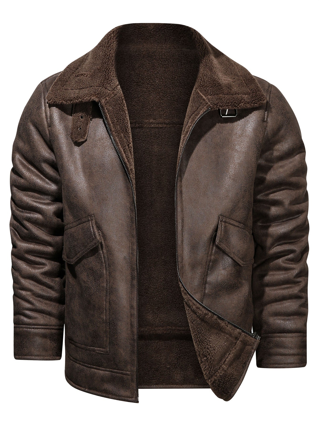Brown Teddy Lined Zip Up Suede Coat