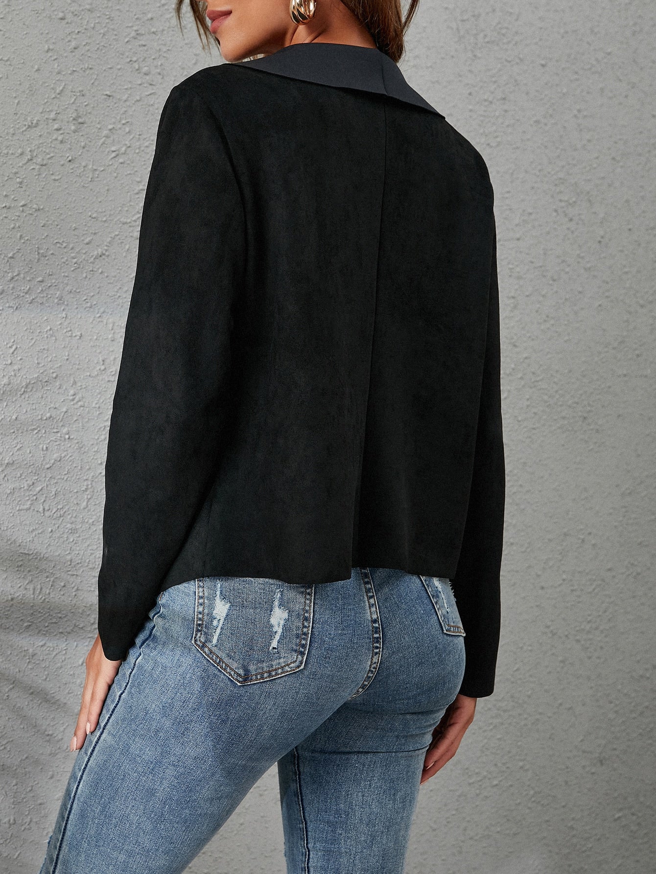 Black Suede Waterfall Collar Solid Jacket