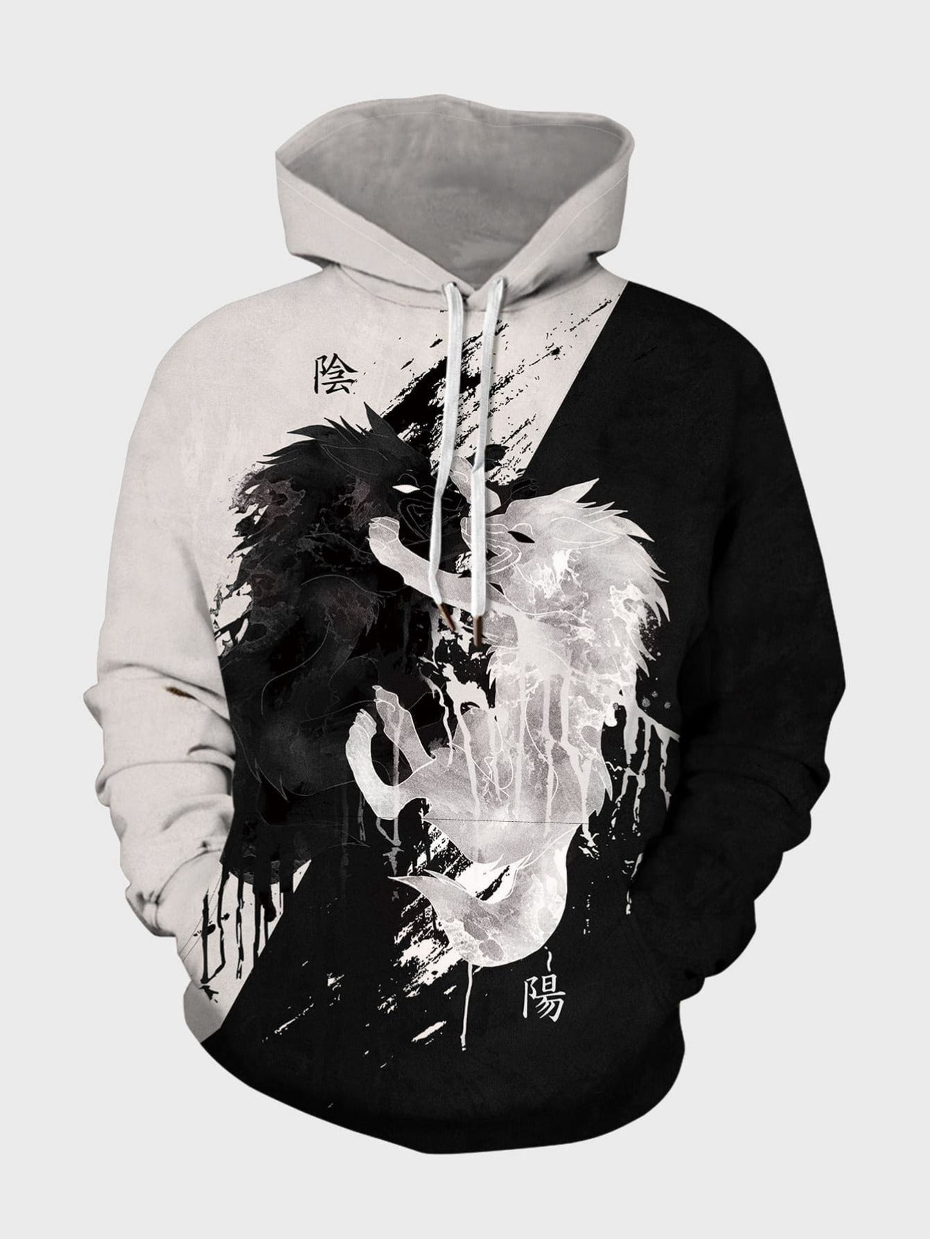 Black White Colourblock Animal And Letter Graphic Drawstring Hoodie Wear.Style