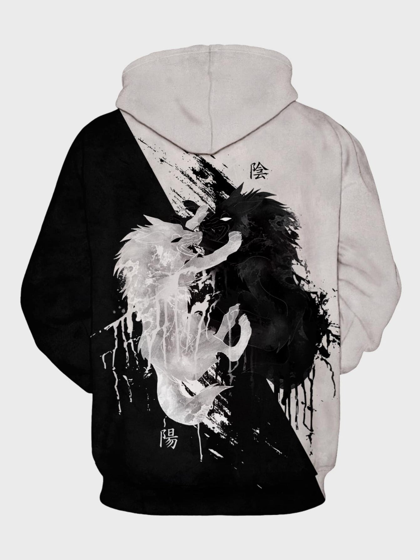 Black White Colourblock Animal And Letter Graphic Drawstring Hoodie