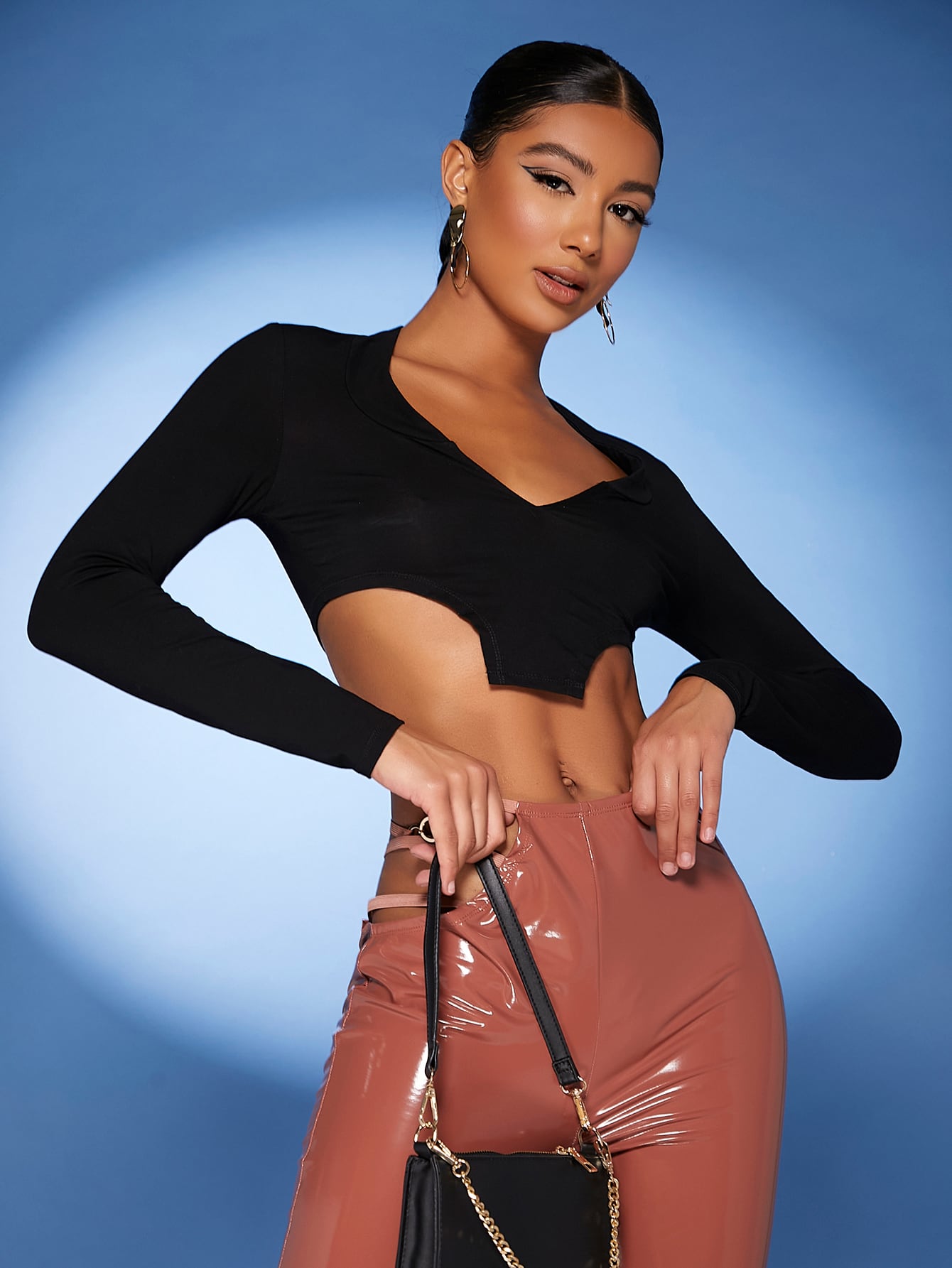 Black Solid Asymmetrical Hem Crop Slim Fit Top