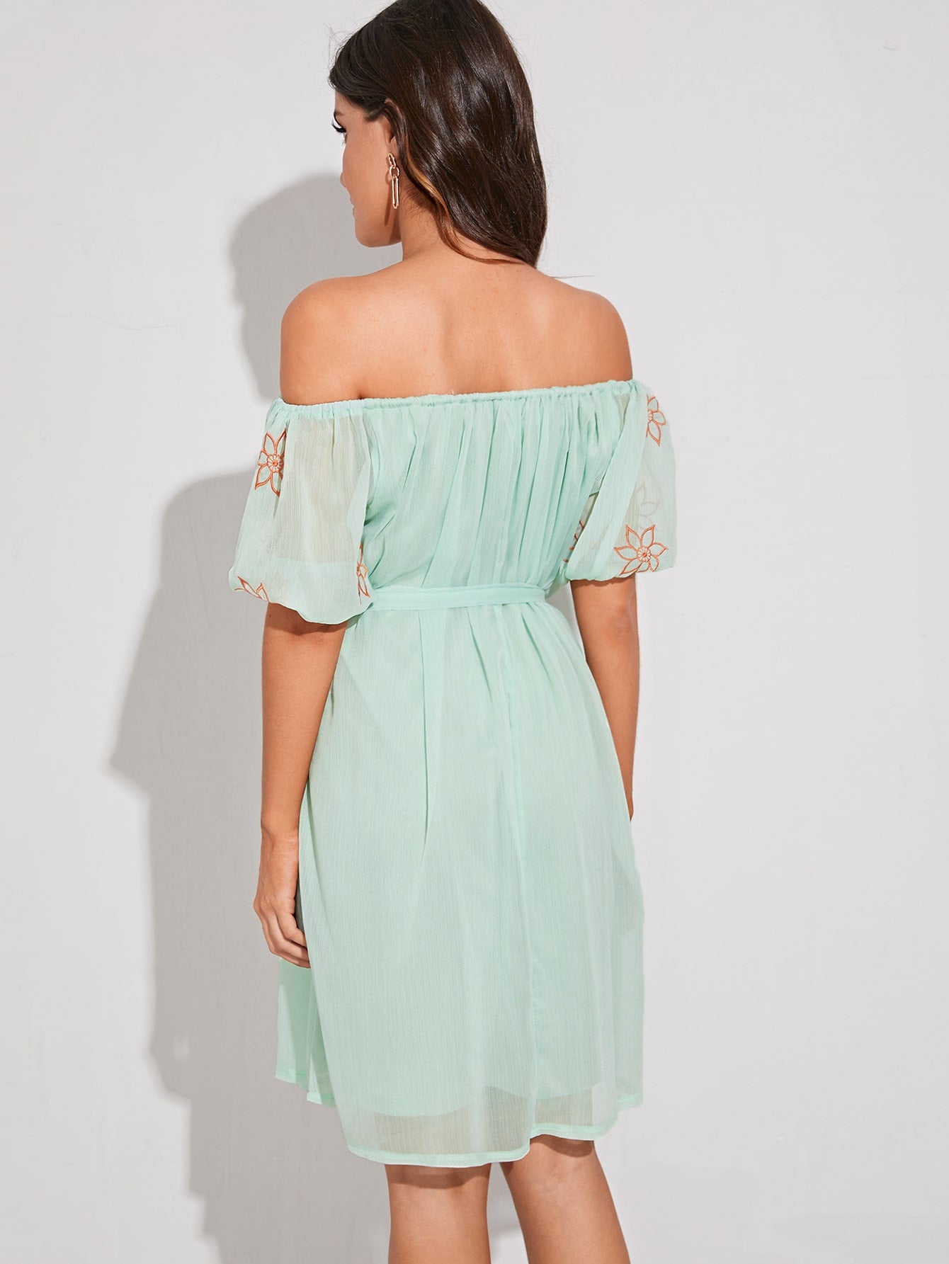 Green Flower Embroidered Off Shoulder Puff Sleeve Belted Dress