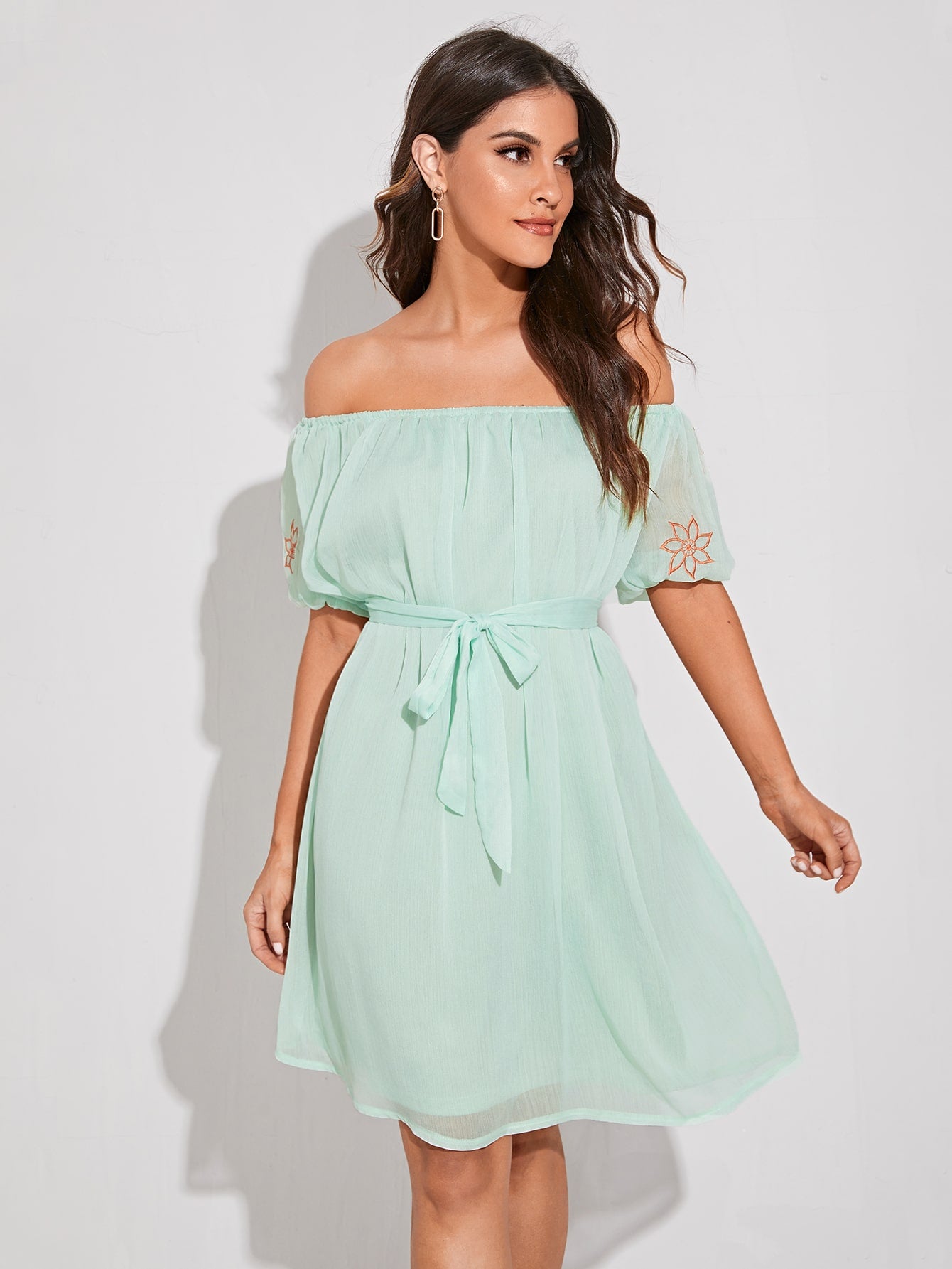 Green Flower Embroidered Off Shoulder Puff Sleeve Belted Dress