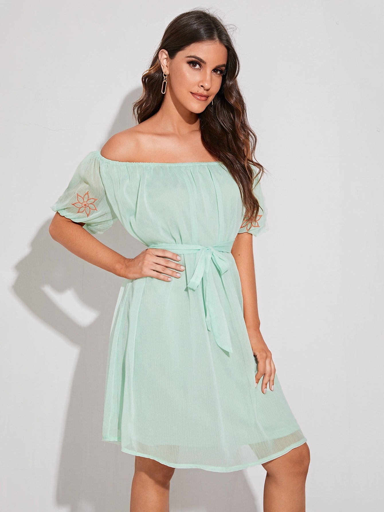 Green Flower Embroidered Off Shoulder Puff Sleeve Belted Dress