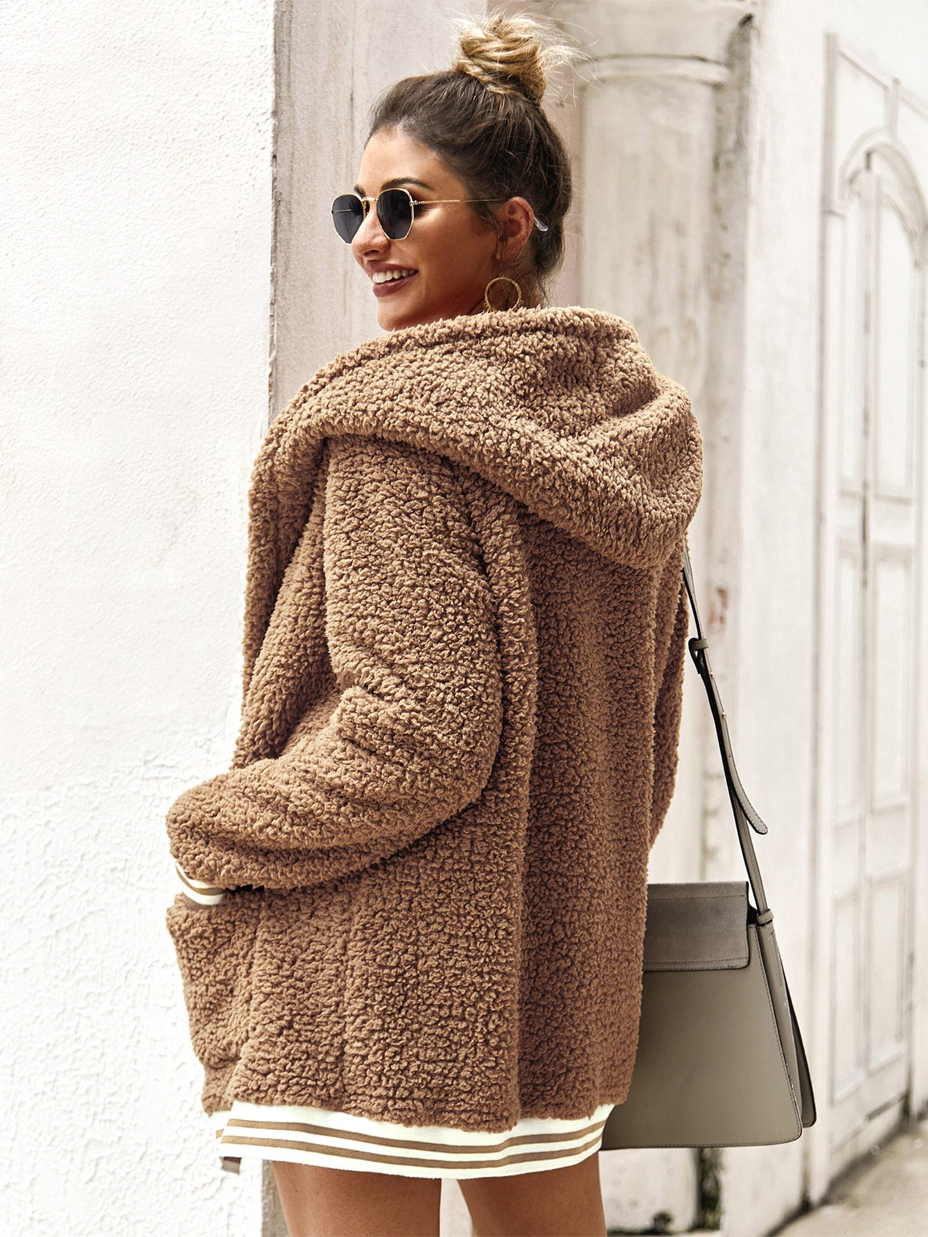 Contrast Stripe Trim Hooded Teddy Jacket