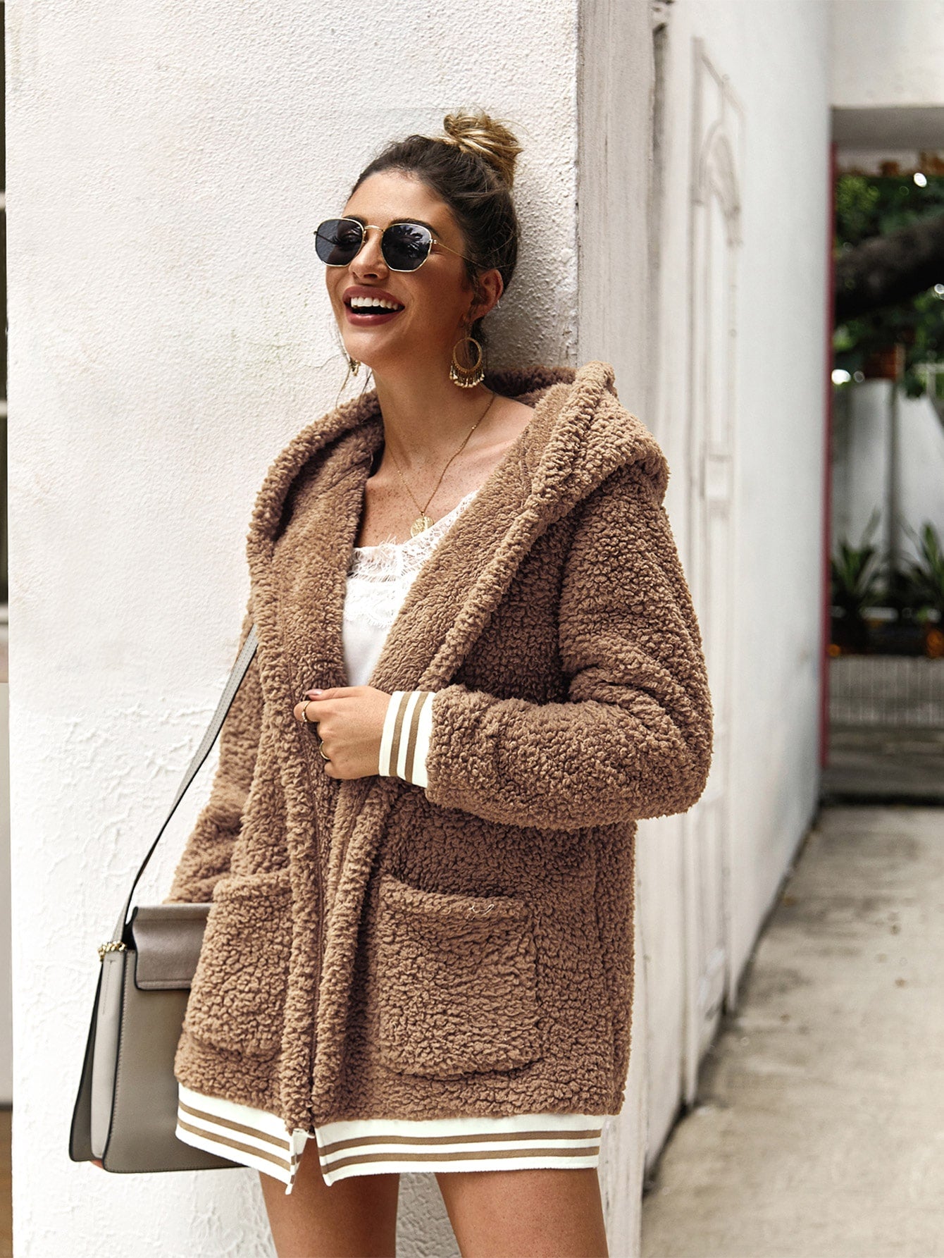 Contrast Stripe Trim Hooded Teddy Jacket