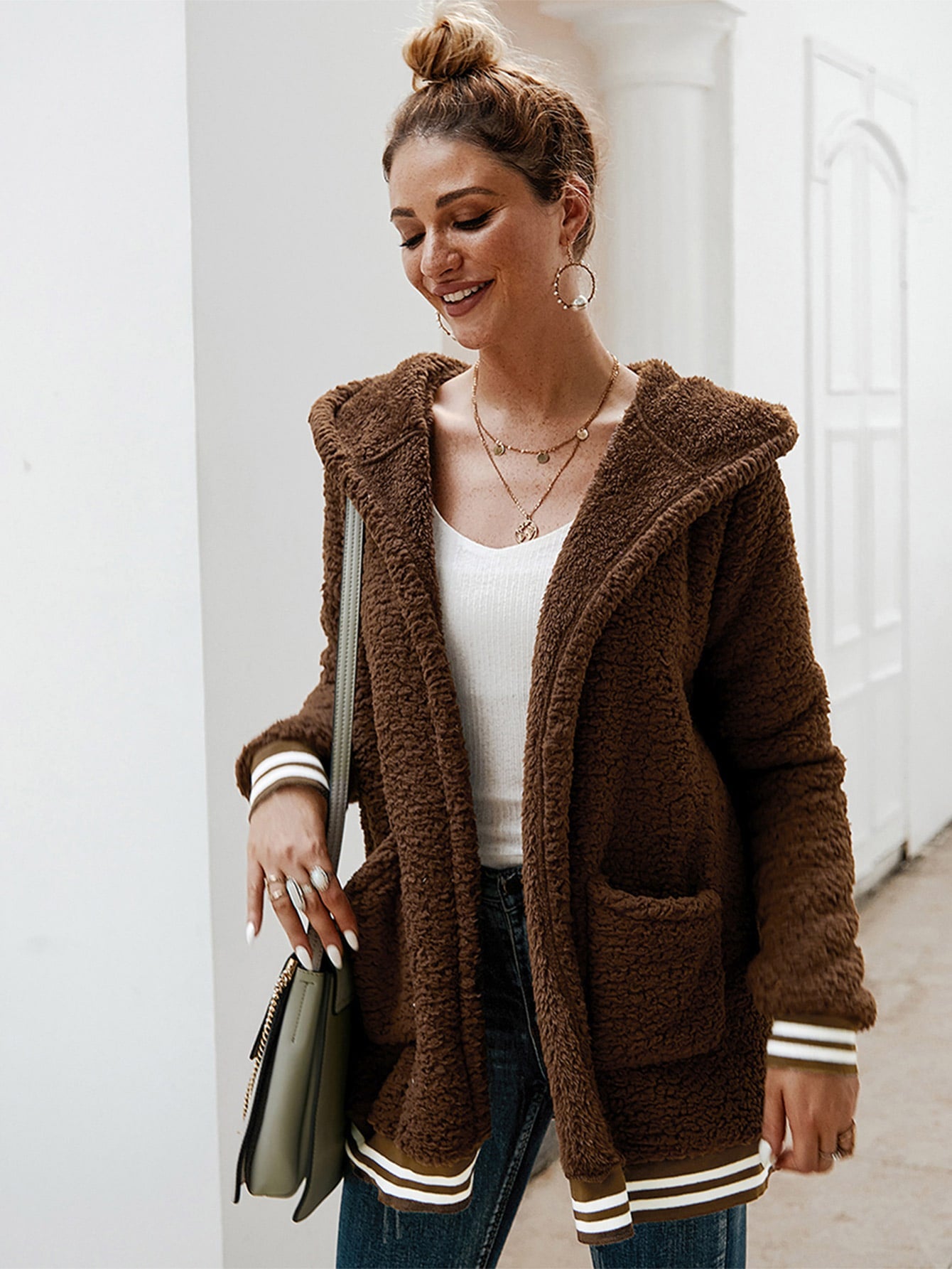 Contrast Stripe Trim Hooded Teddy Jacket