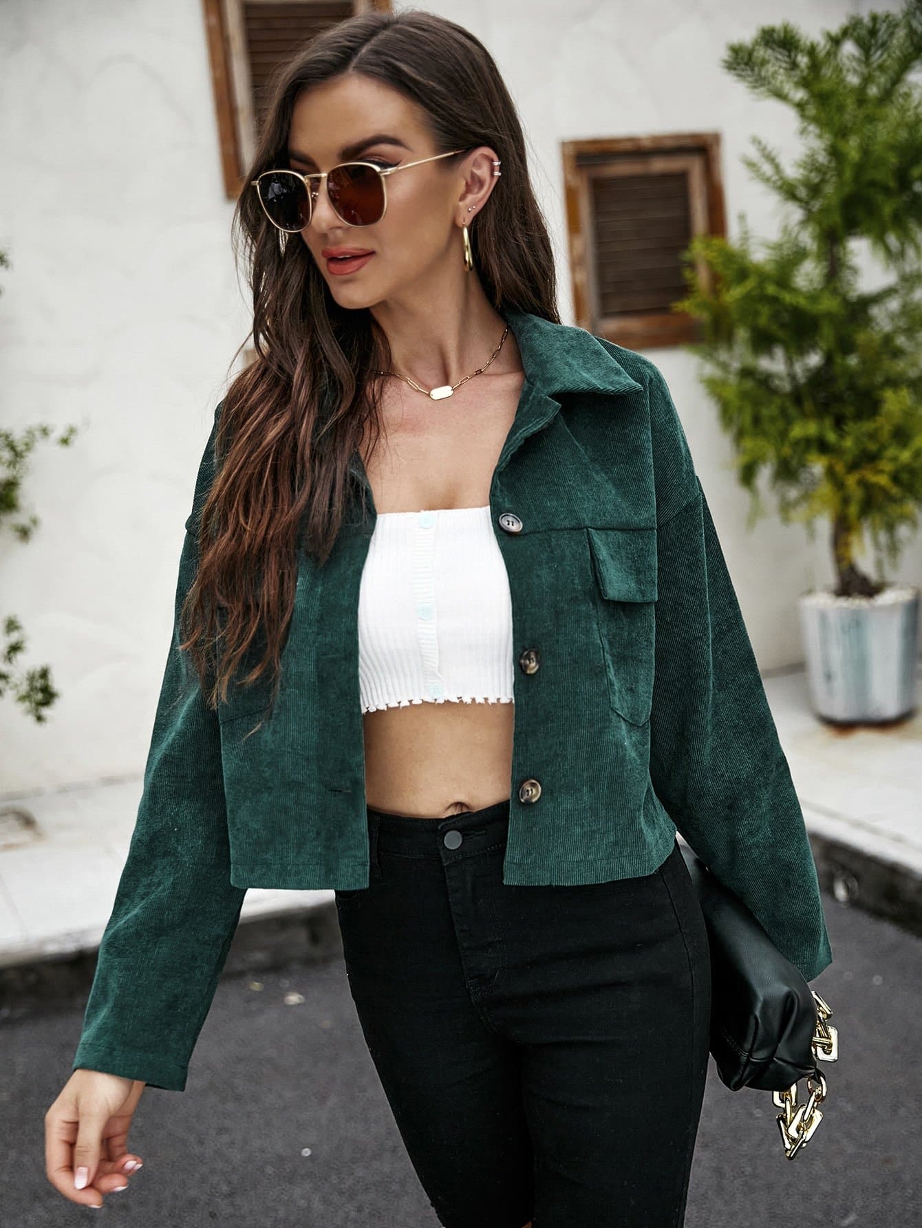 Dark Green Button Up Drop Shoulder Jacket