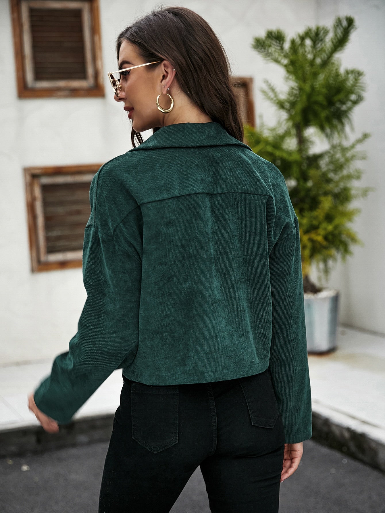 Dark Green Button Up Drop Shoulder Jacket