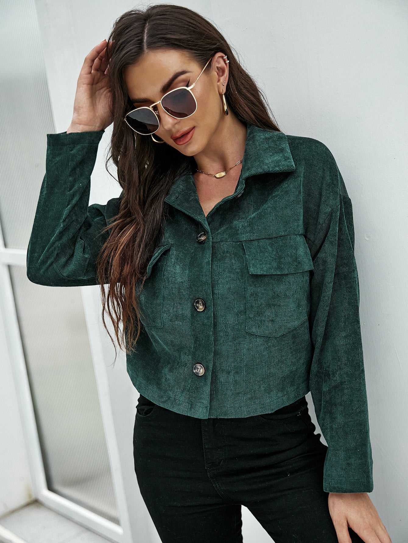 Dark Green Button Up Drop Shoulder Jacket