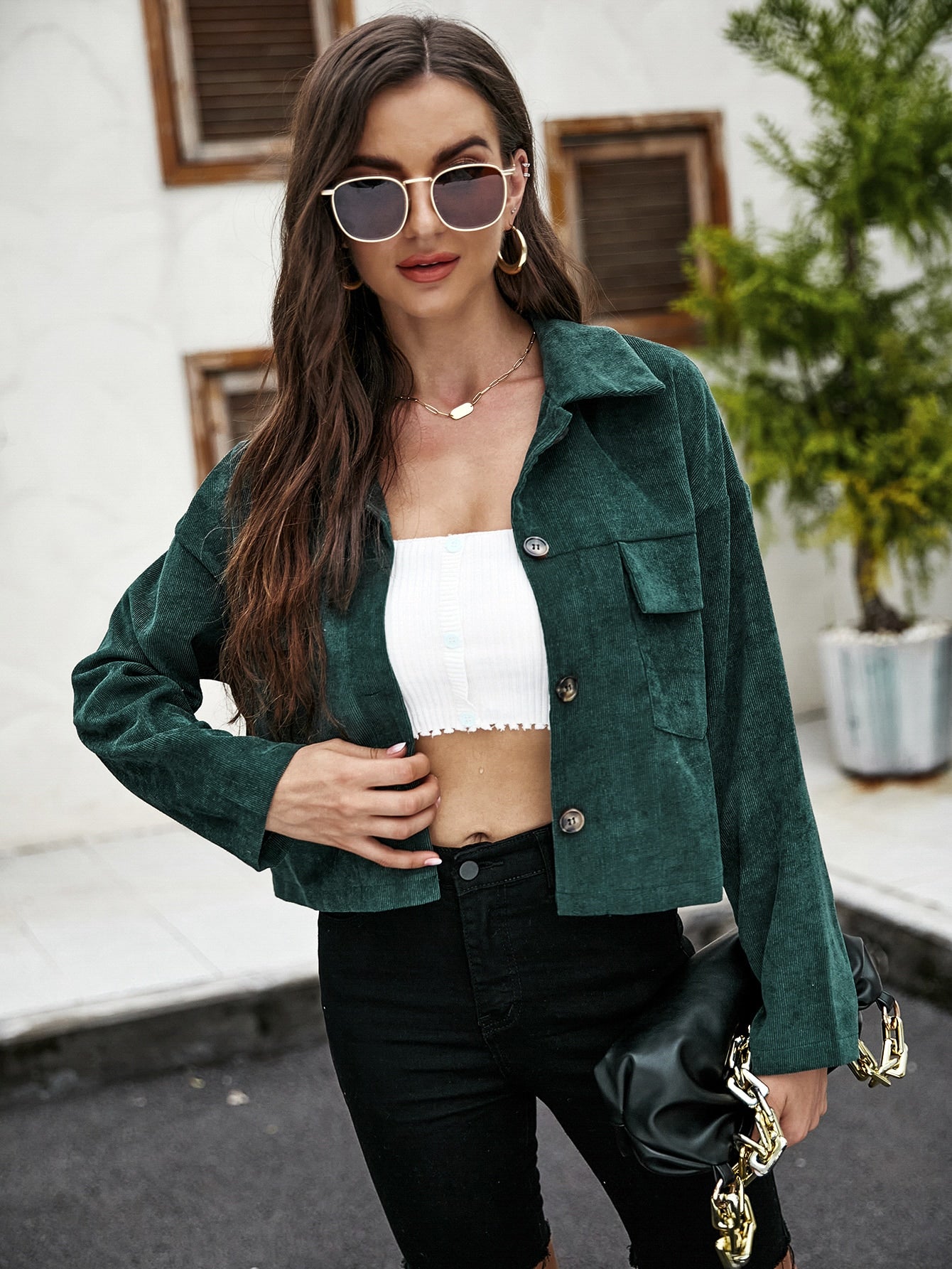 Dark Green Button Up Drop Shoulder Jacket