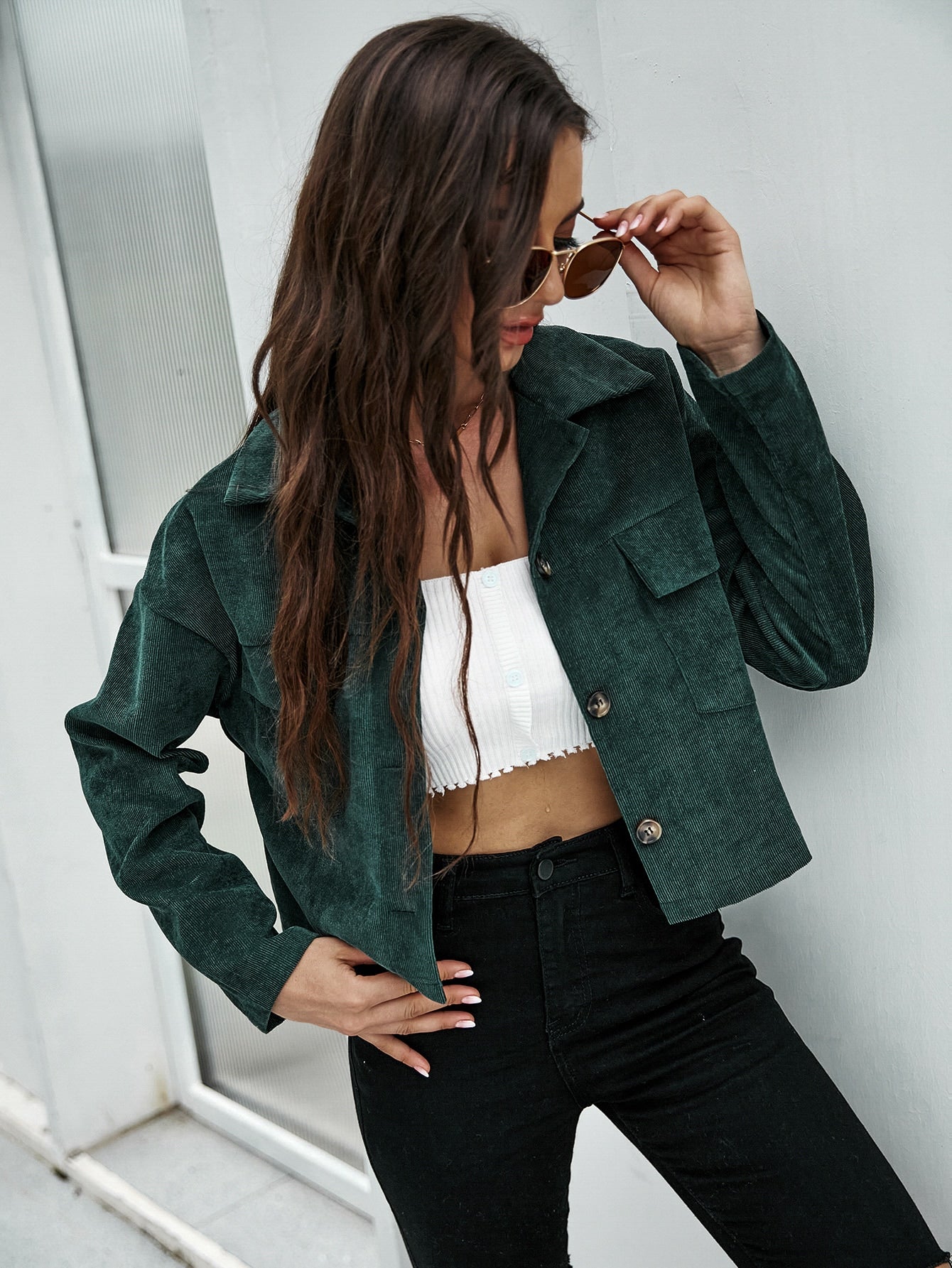 Dark Green Button Up Drop Shoulder Jacket