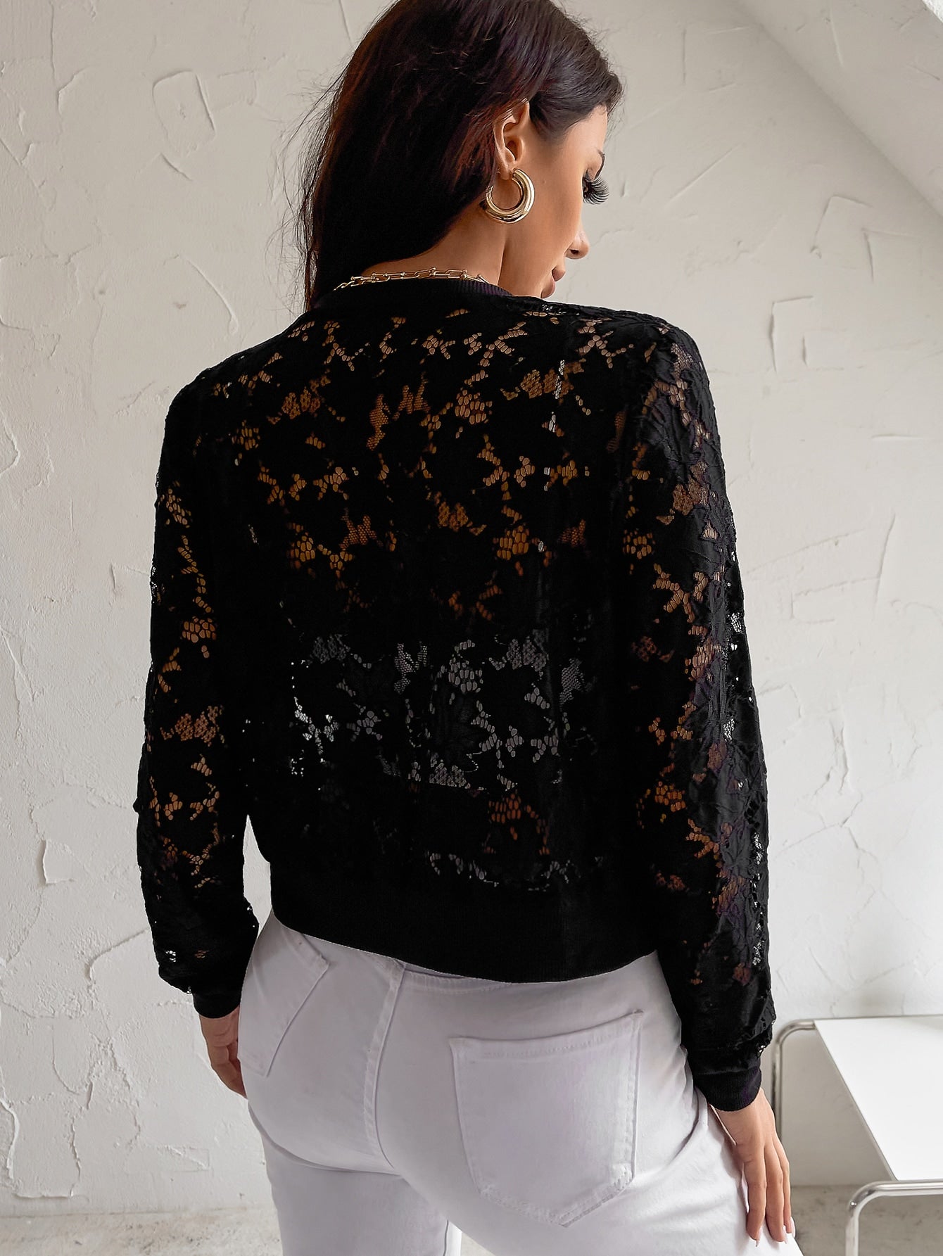 Black Boat Neck Lace Zip Up Bomber Jacket