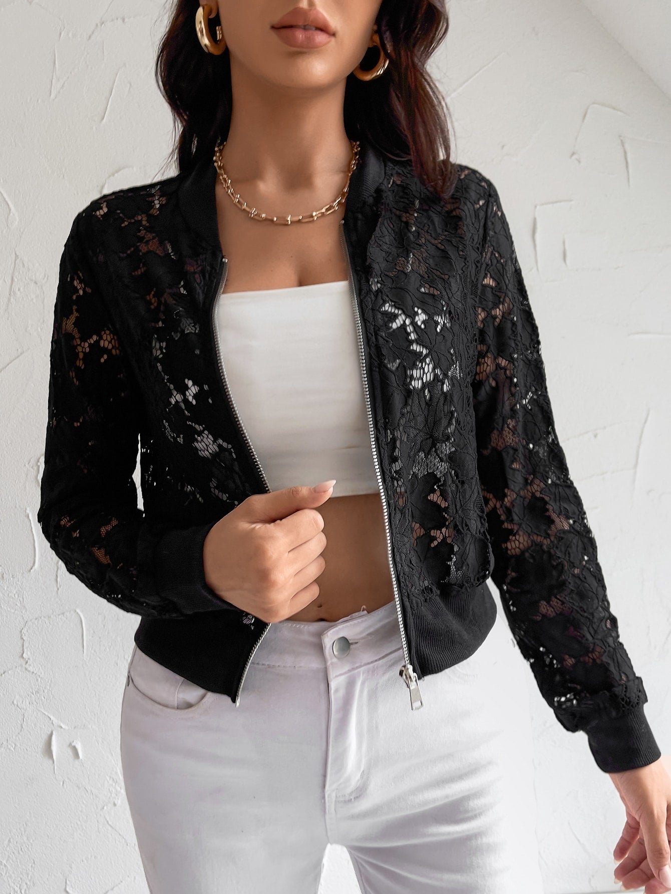 Black Boat Neck Lace Zip Up Bomber Jacket