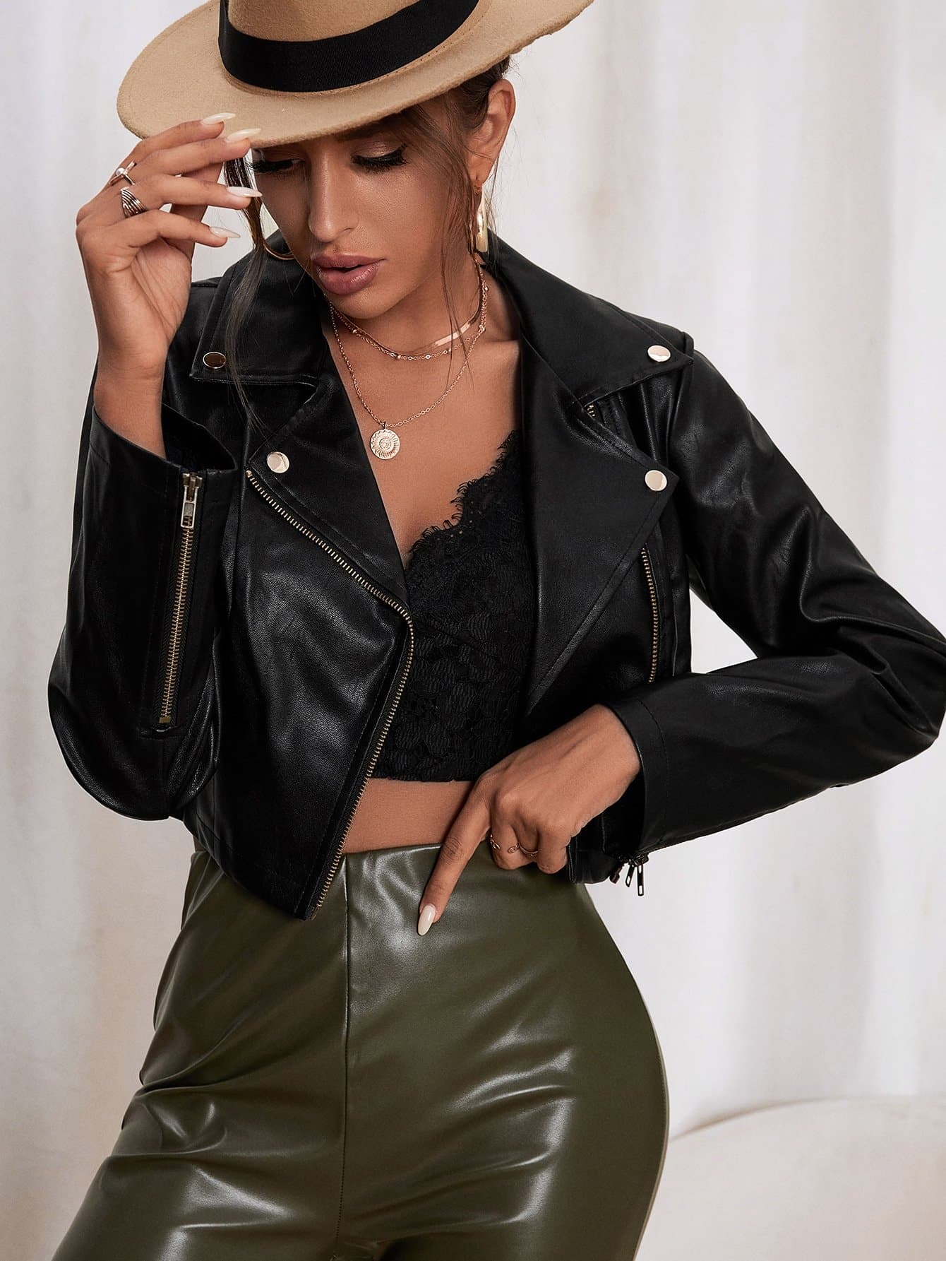 Black Solid Zip Up Biker Jacket