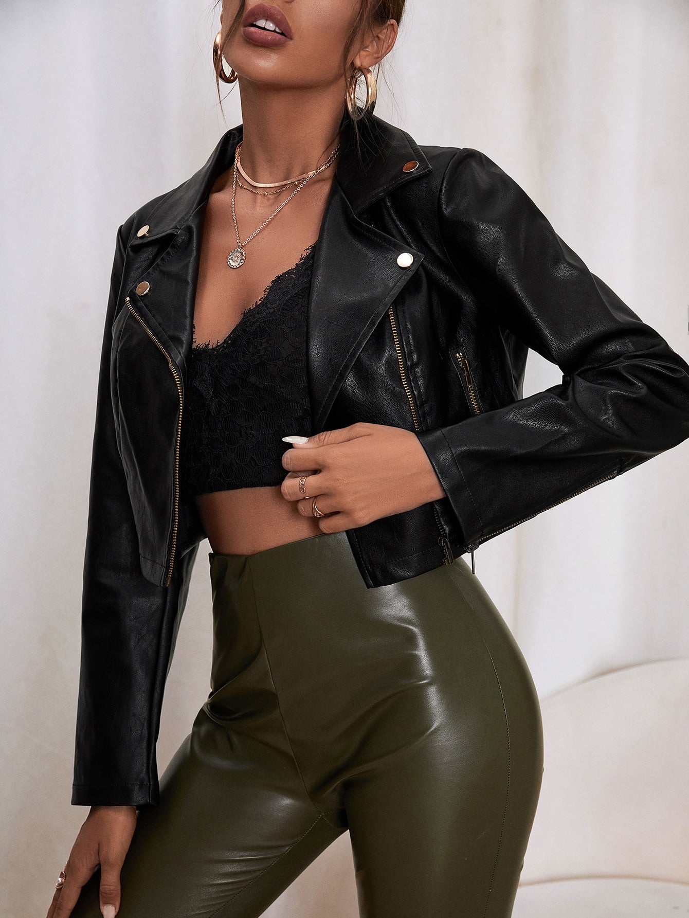 Black Solid Zip Up Biker Jacket