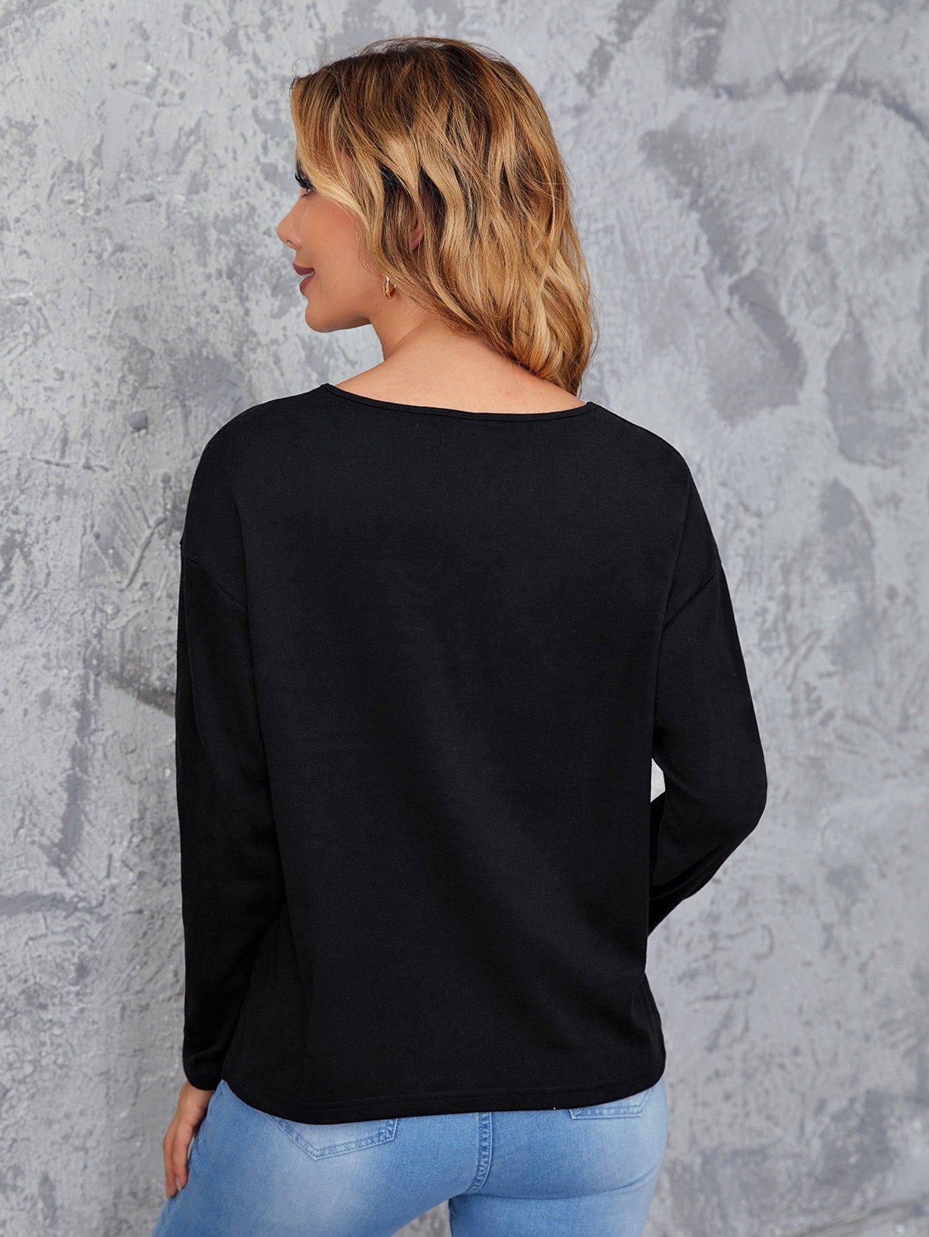 Black Round Neck Drop Shoulder Split Hem Tee Top