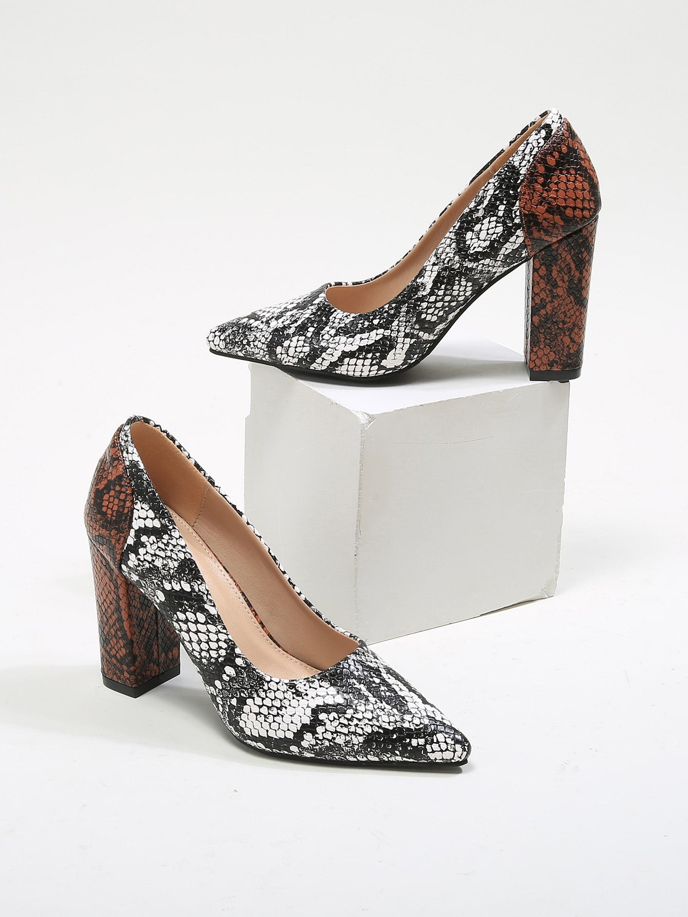 Snakeskin PU Leather Chunky Court Heels