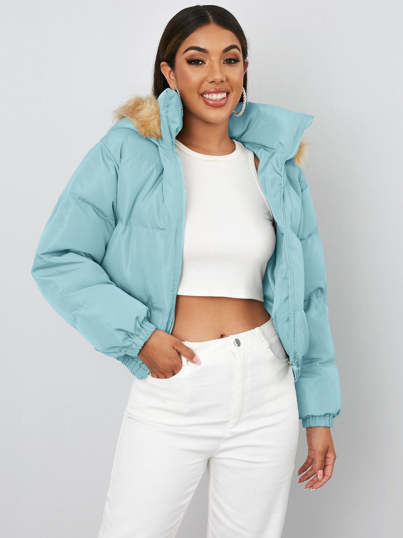 Drop Shoulder Zip Up Hooded Puffer Jacket