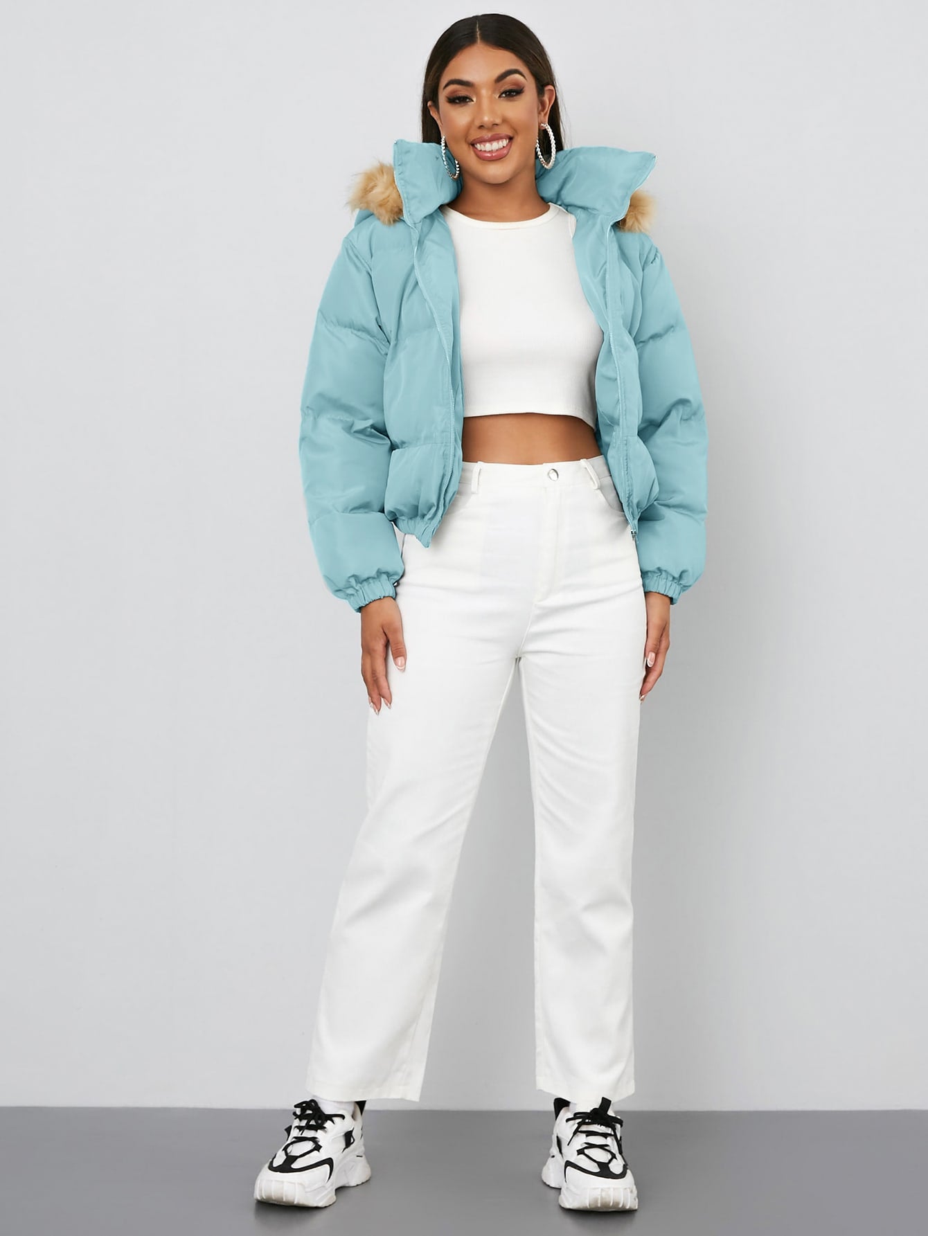 Drop Shoulder Zip Up Hooded Puffer Jacket