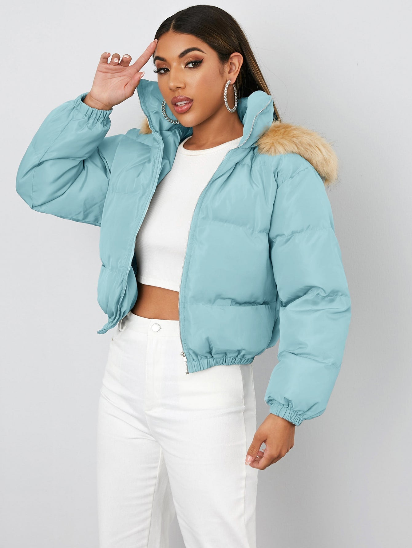 Drop Shoulder Zip Up Hooded Puffer Jacket