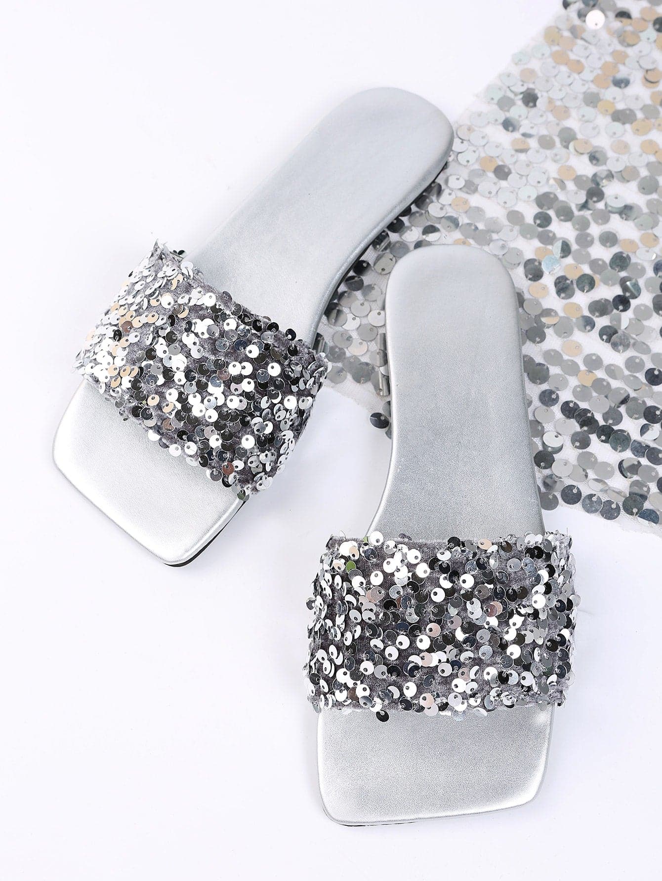 Sequins Decor PU Leather Slide Sandals