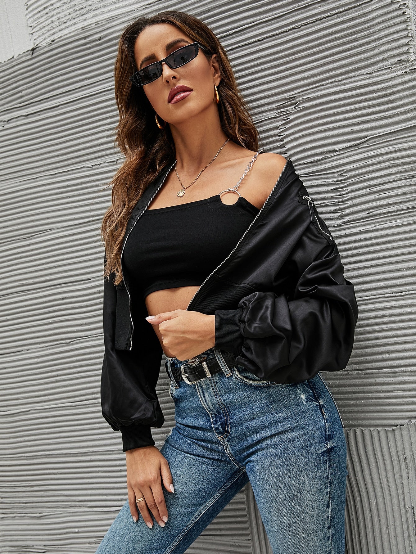 Black Zipper Up Drop Shoulder Baseball Collar Bomber Jacket